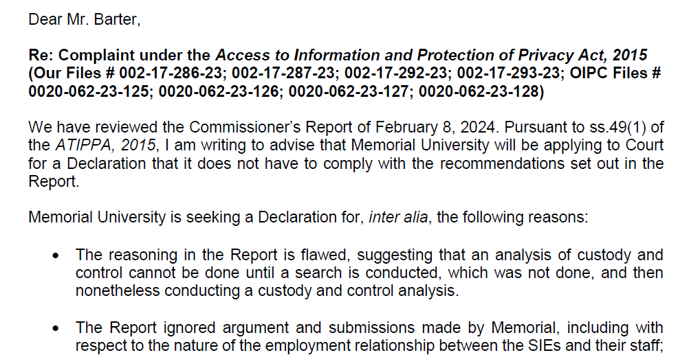 Memorial University taking Commissioner’s ruling to court