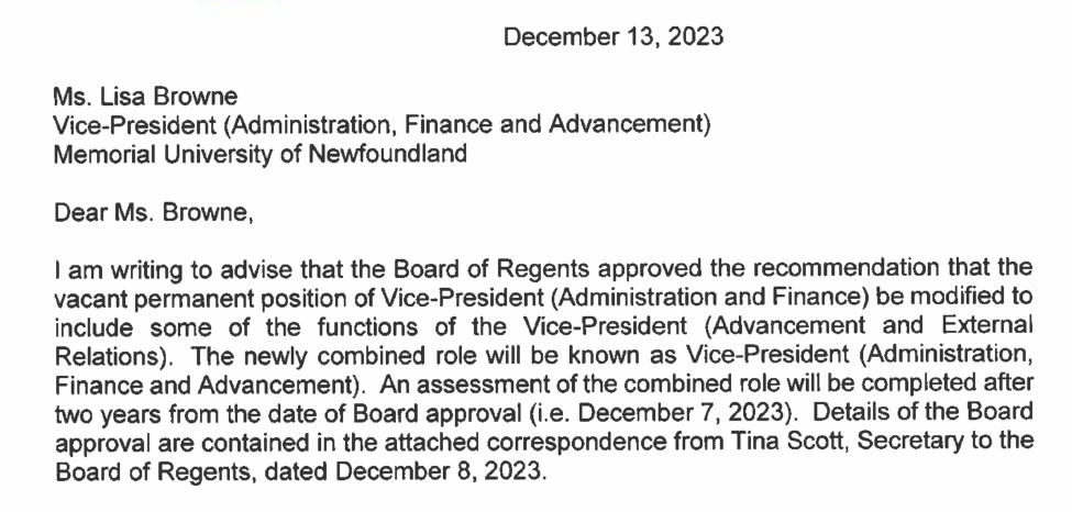 MUN Vice-President Administration, Finance, and Advancement employment contract
