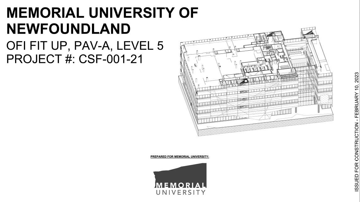 MUN Core Science Facility Level V Pavilion A construction contract, tender documents, drawings, and specifications