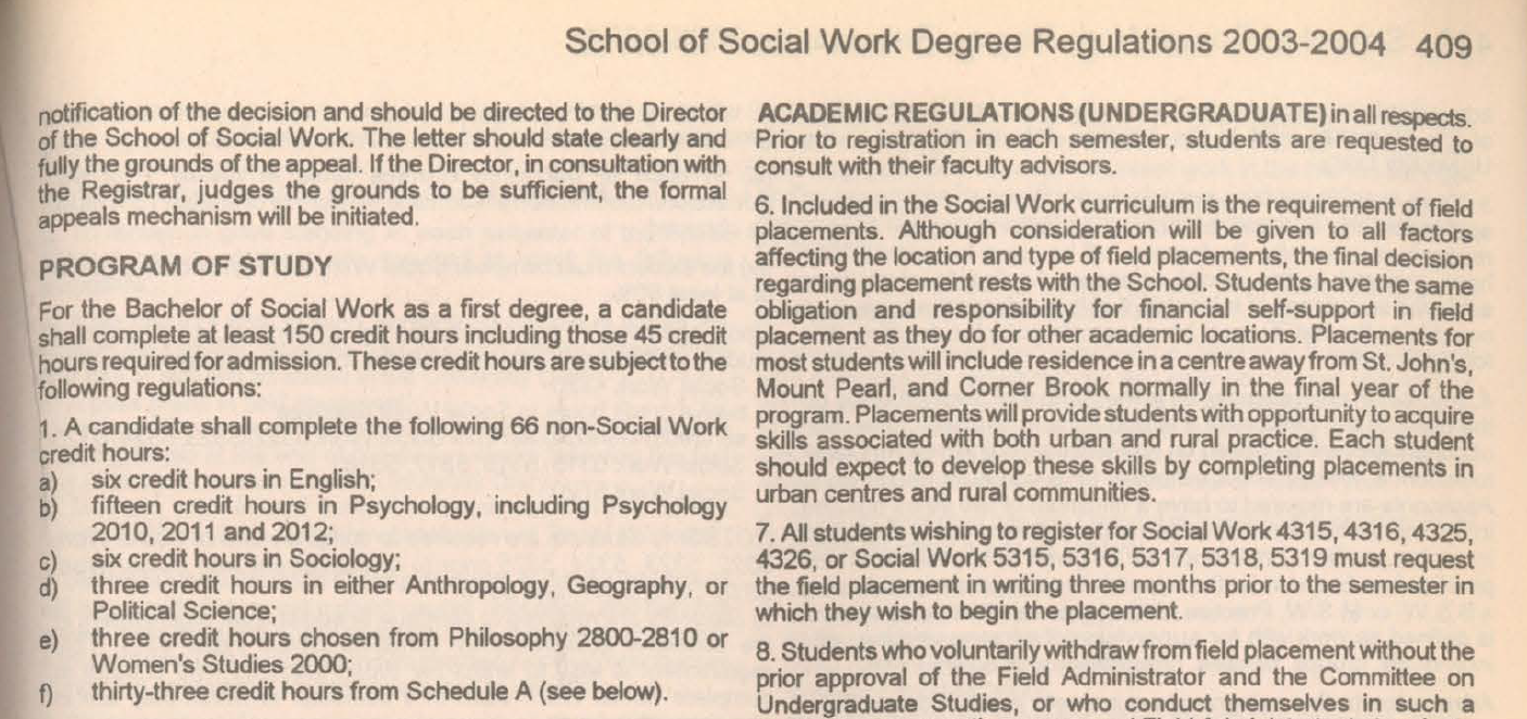 MUN’s School of Social Work screening and acceptance criteria for admission since 2003