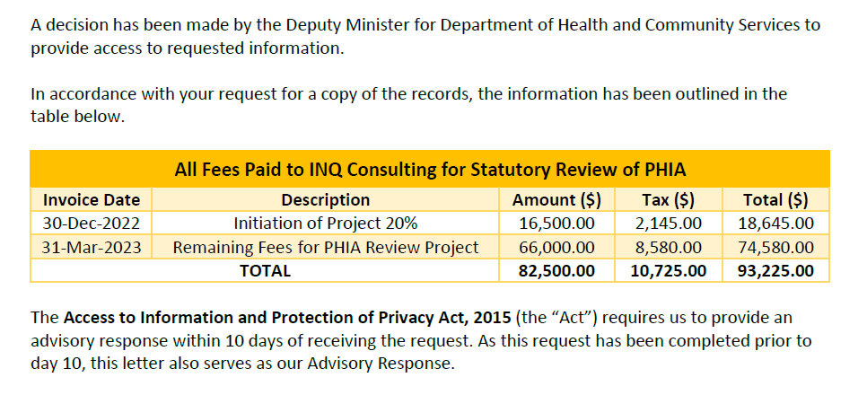 GOV NL paid over $93K to INQ Consulting for statutory review of PHIA