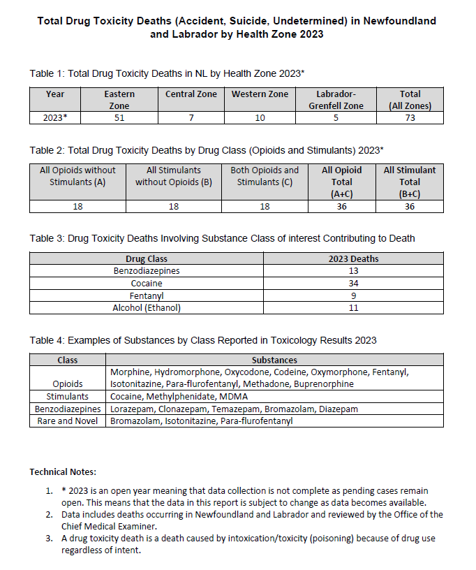 73 drug toxicity deaths in NL in 2023
