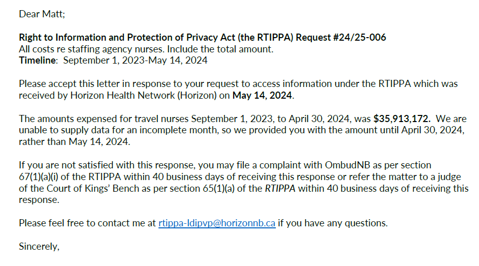Horizon Health Network spent over $35 million on agency nurses from September 2023 to April 2024