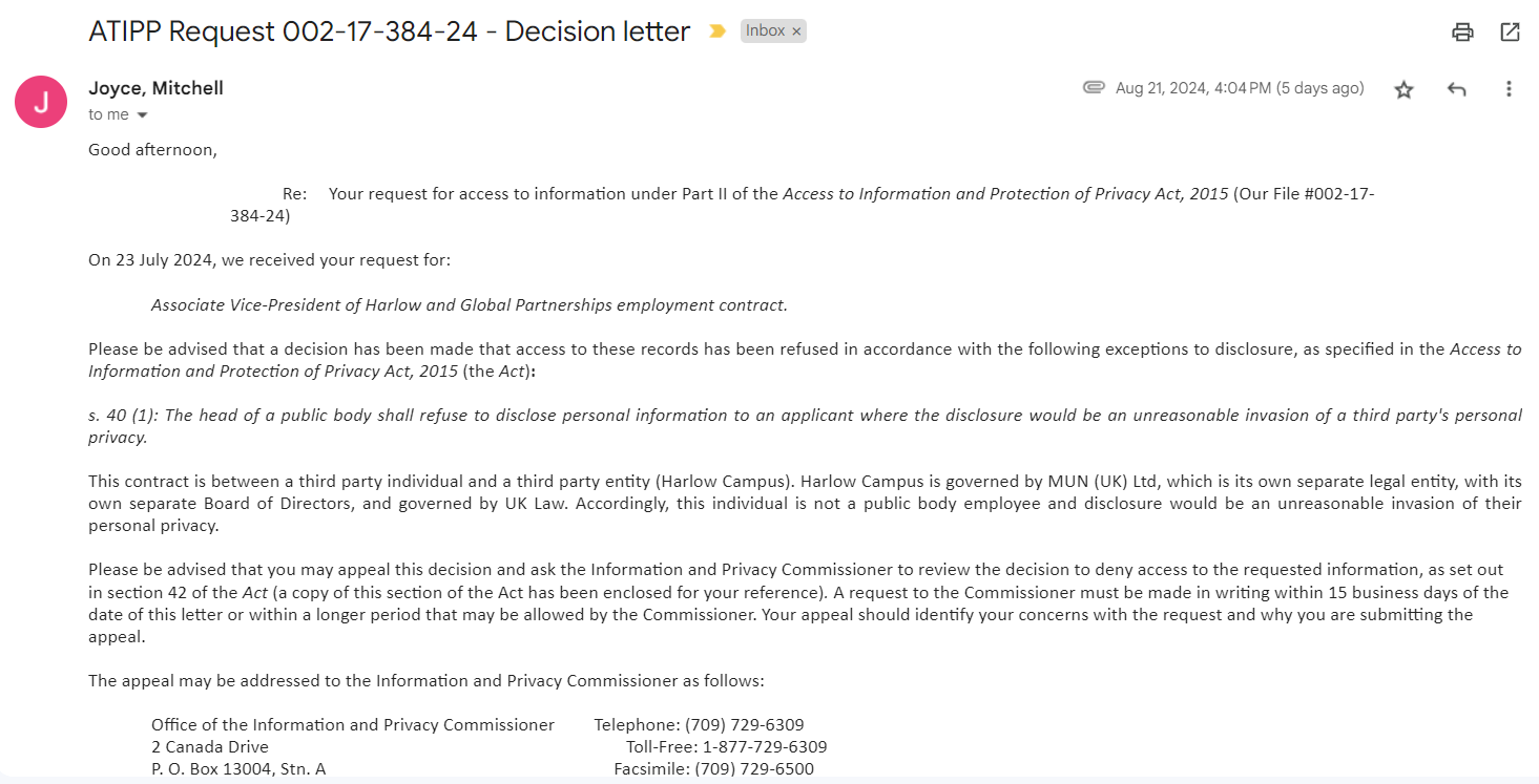 MUN refuses to provide Associate Vice-President of Harlow and Global Partnerships employment contract