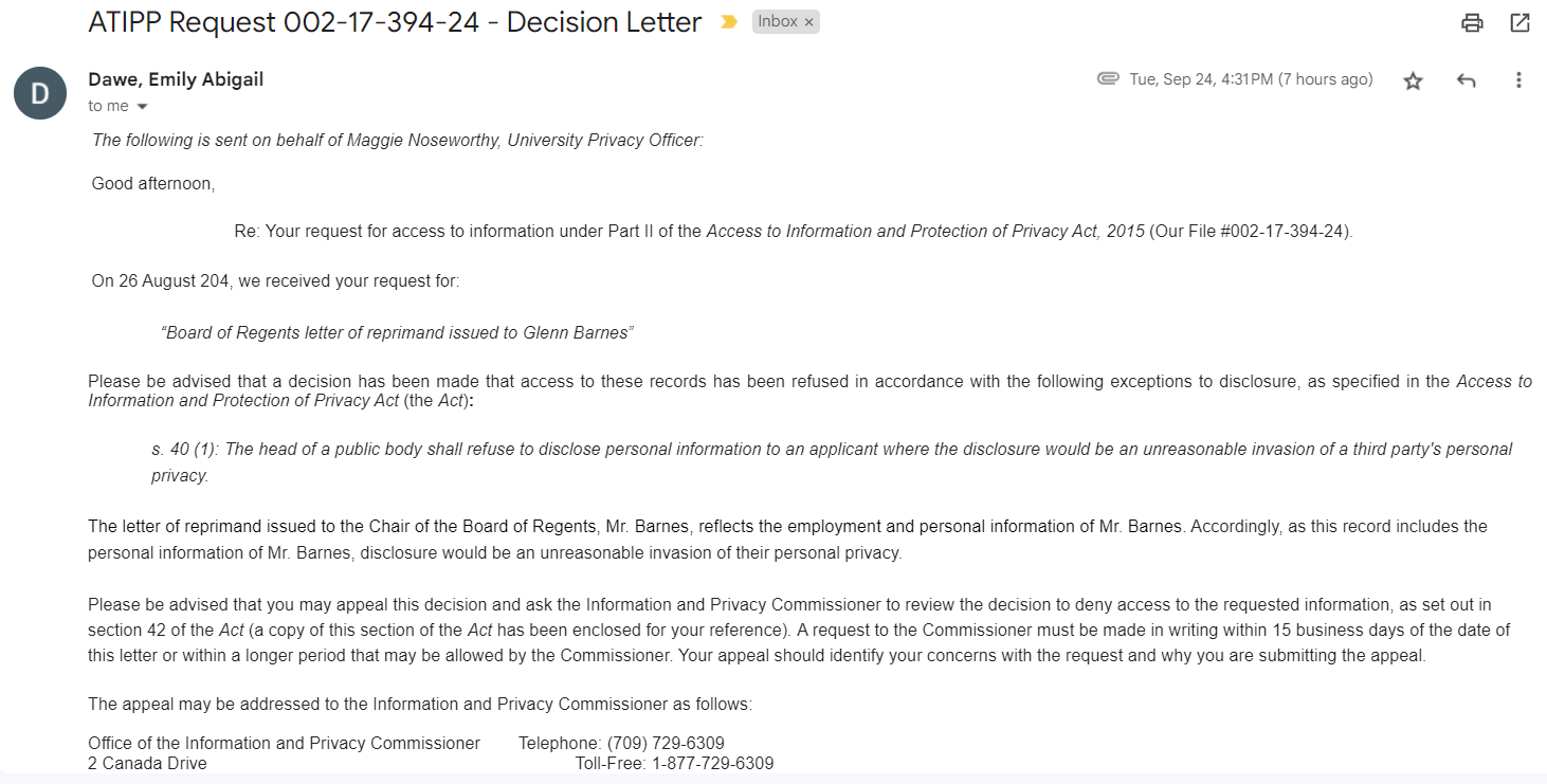 MUN Refuses to Provide Letter of Reprimand Issued to Former Chair of the Board of Regents