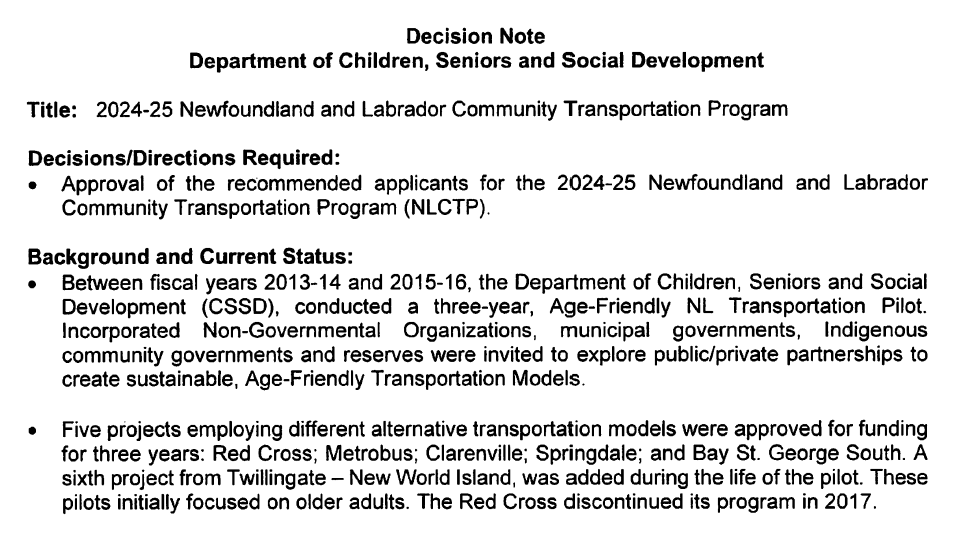 NL Department of Children, Seniors and Social Development briefing materials for August 2024