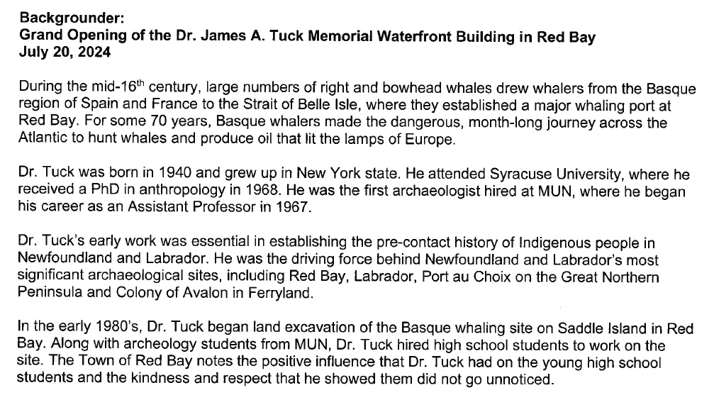 Grand Opening of the Dr. James A. Tuck Memorial Waterfront Building in Red Bay Backgrounder