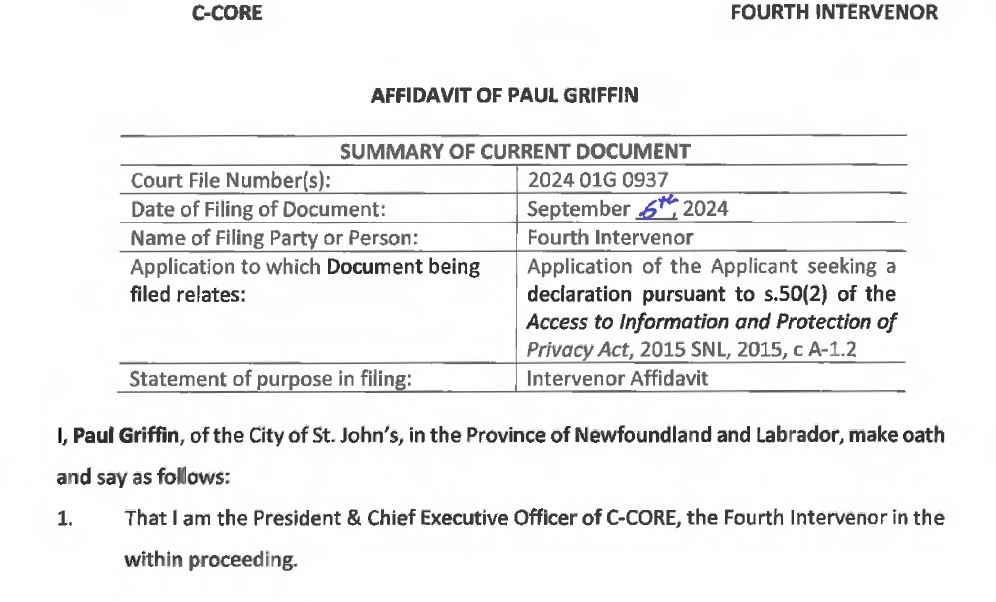 Affidavit of C-CORE CEO Paul Griffin