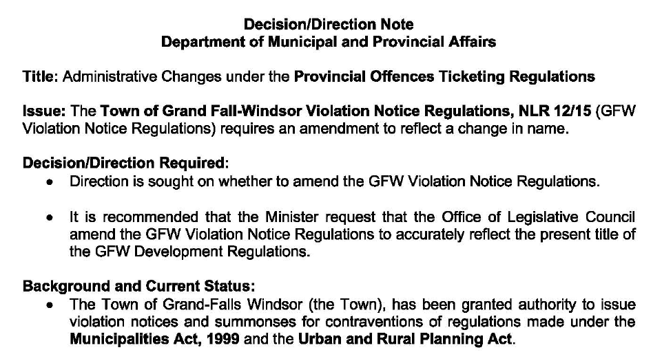 NL Department of Municipal and Provincial Affairs briefing materials for August 2024