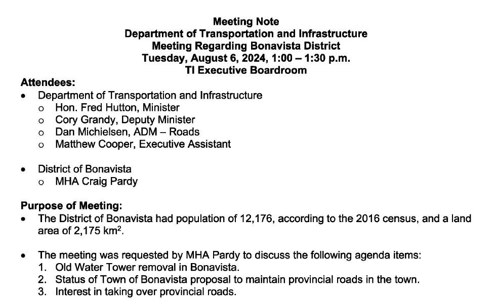NL Department of Transportation Meeting Regarding Bonavista District
