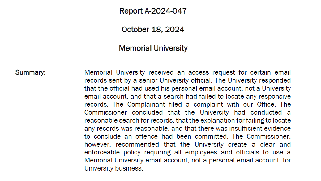 OIPC Recommends MUN Require Officials to Use University Email Accounts Instead of Personal Accounts