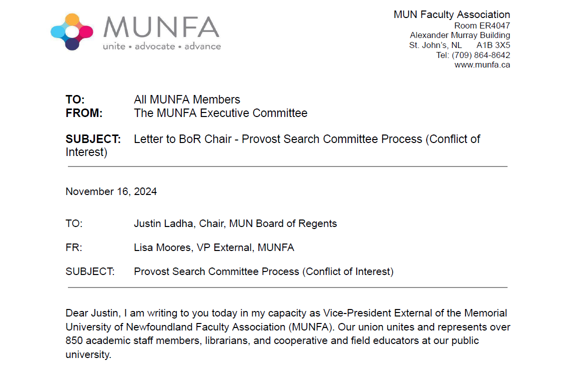 MUNFA Urges Board of Regents to Address President Bose’s Alleged Conflict of Interest