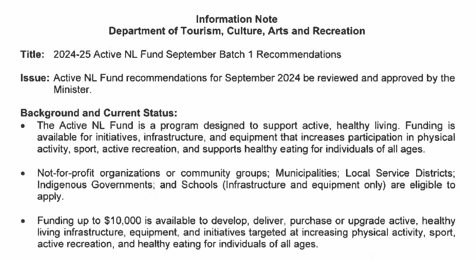NL Department of Tourism briefing materials for September 2024