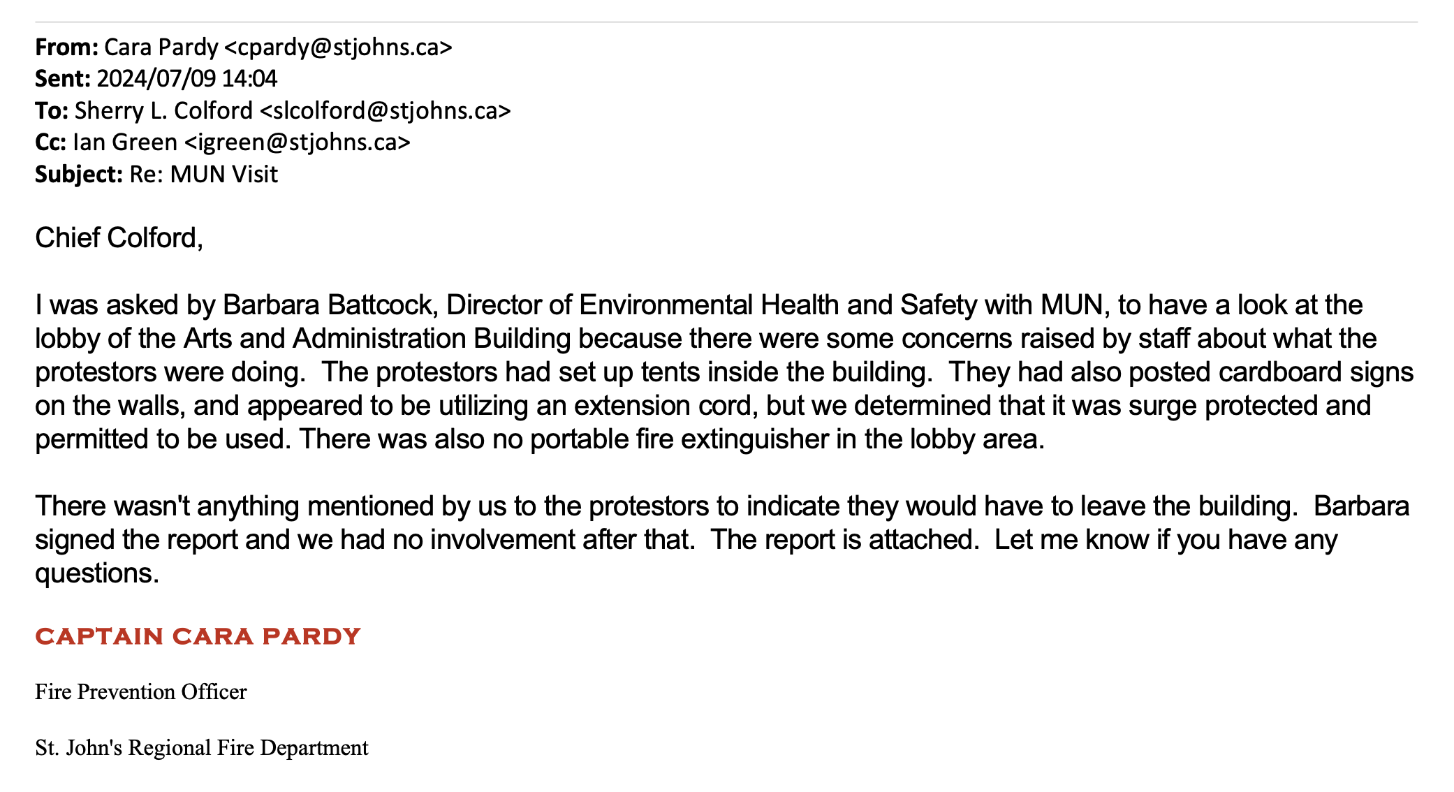 ATIPP Reveals Fire Department Took No Action to Remove Protesters from MUN Arts and Administration Building