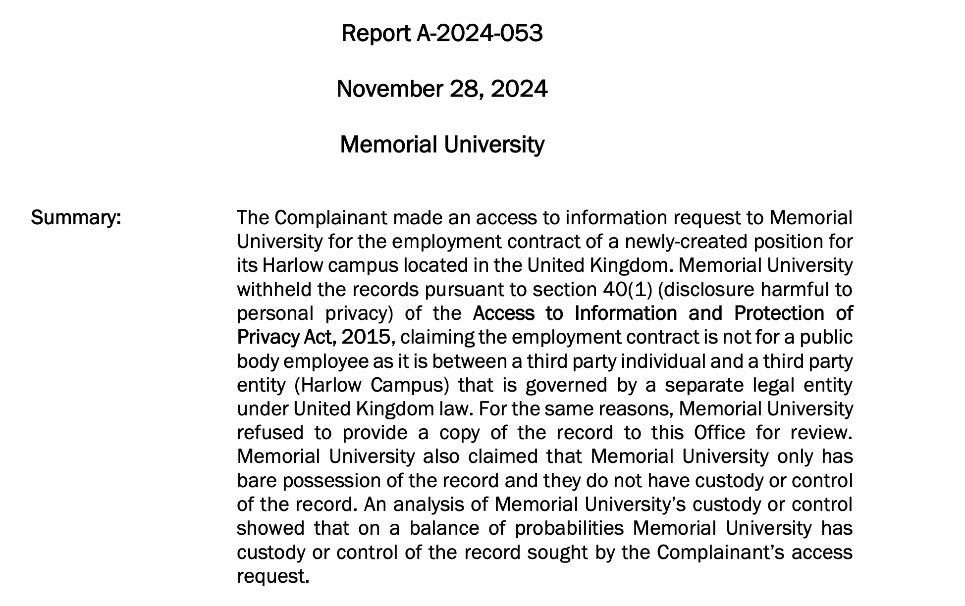 Commissioner Recommends MUN Release Associate Vice-President of Harlow Employment Contract