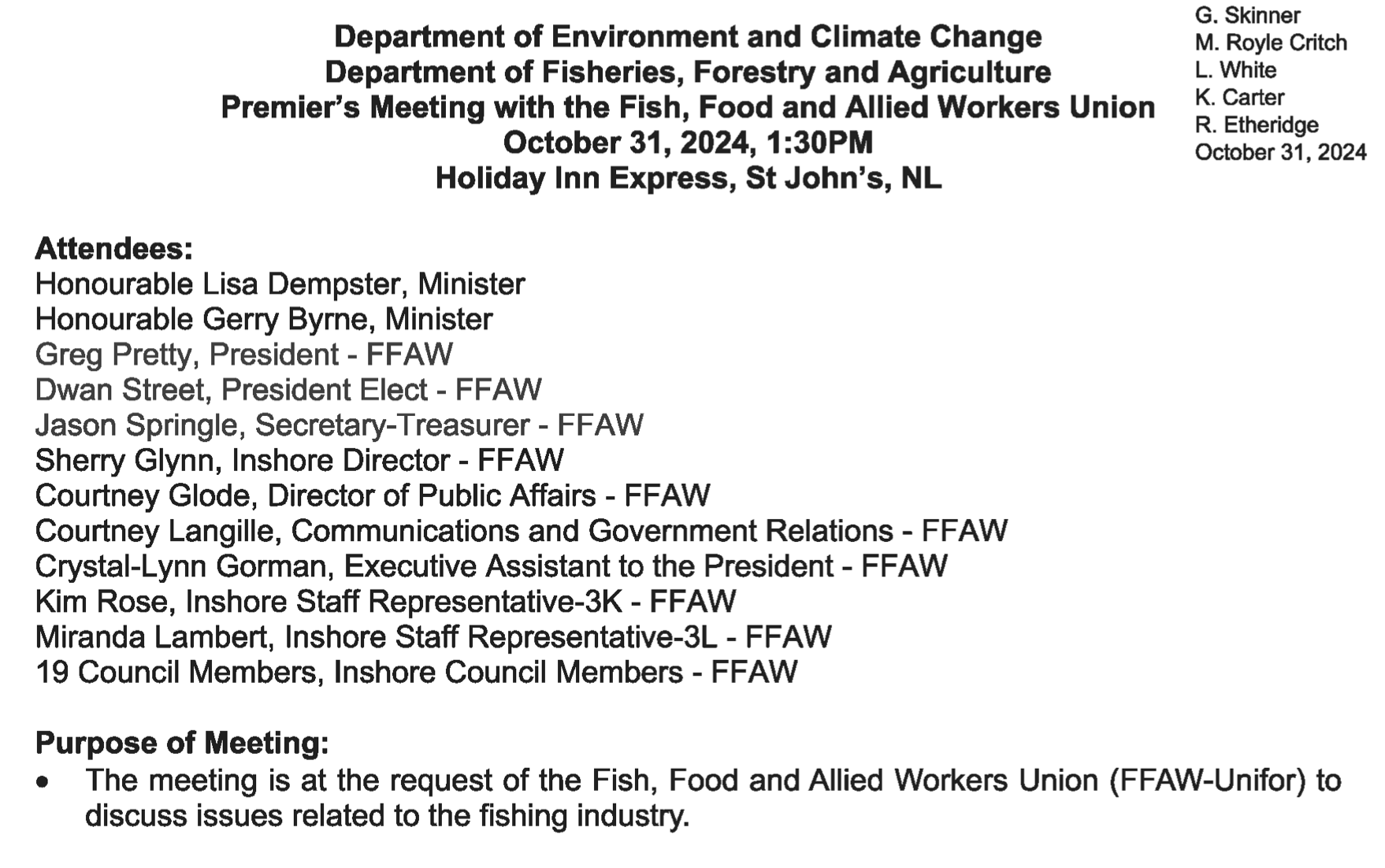 NL Premier’s Briefing Note: FFAW Meeting 