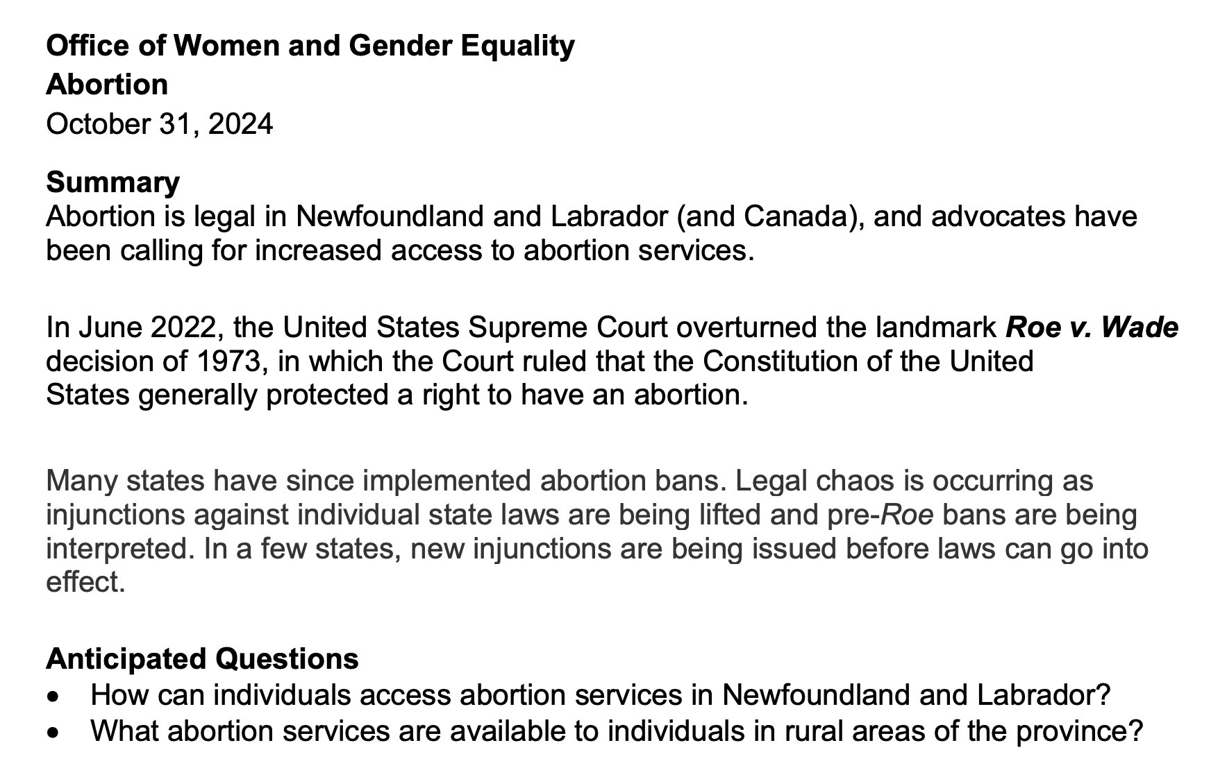 NL Office of Women and Gender Equality briefing materials for October 2024