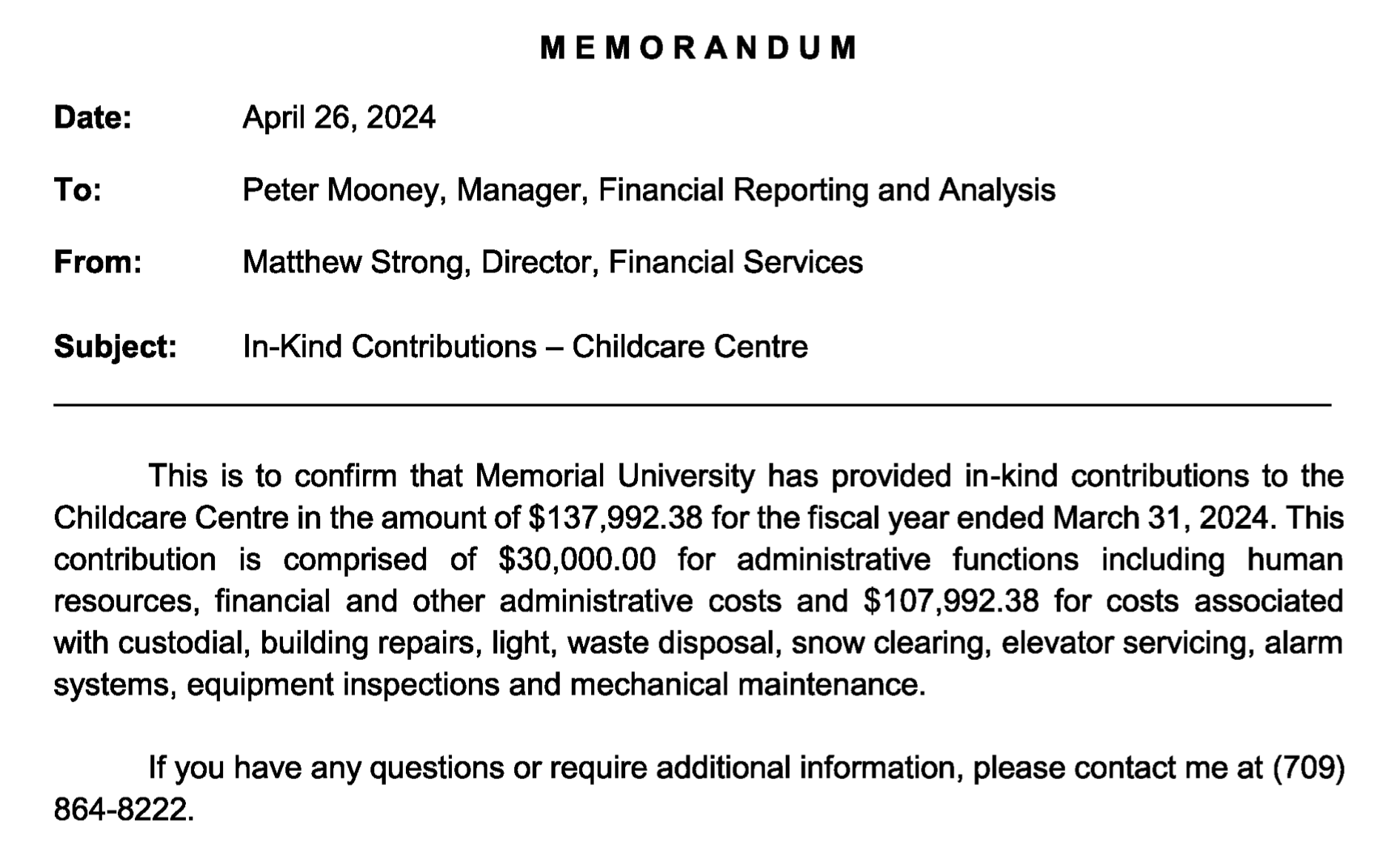 MUN provides over $137K in services to Childcare Centre 