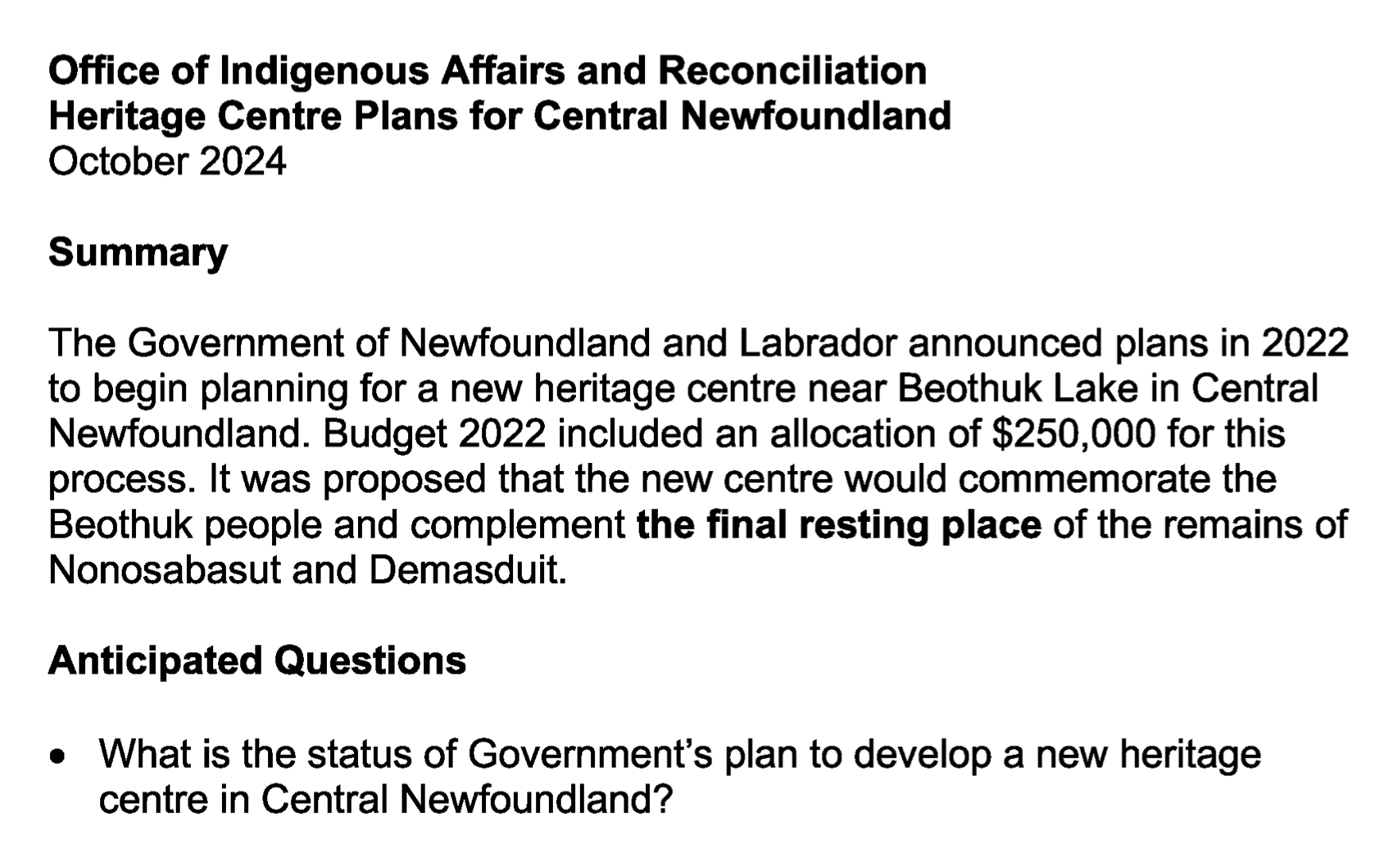 NL Office of Indigenous Affairs briefing materials for November 2024