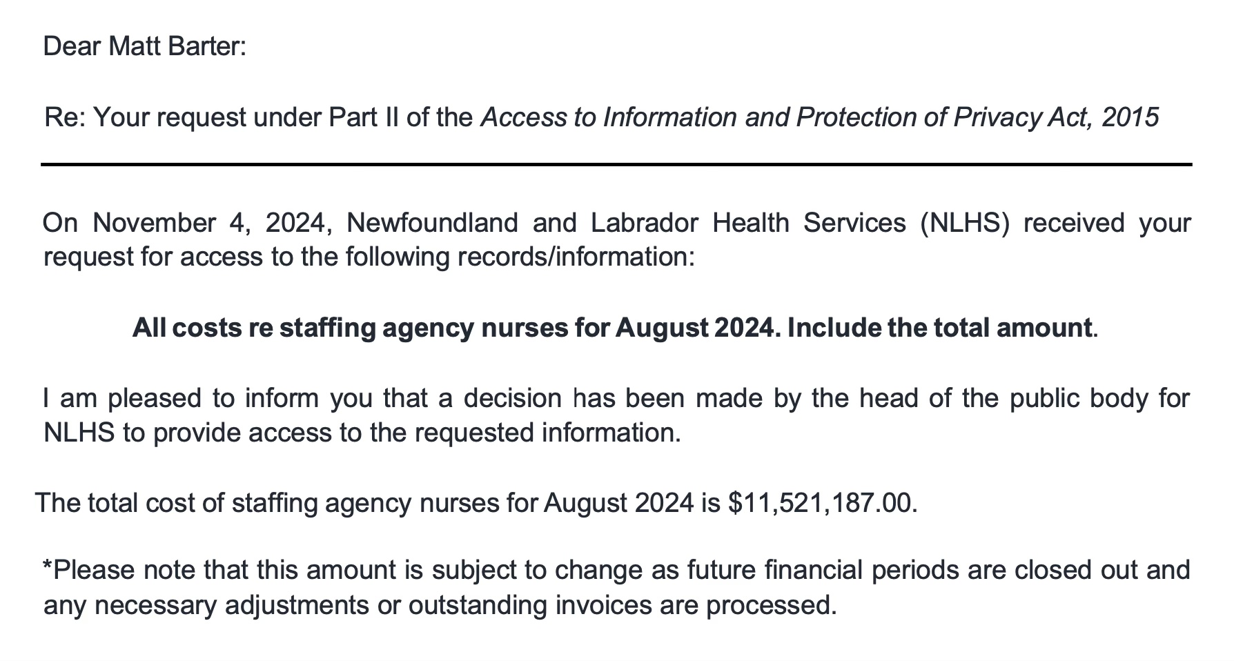 NL Health Services spent $11.5 million on agency nurses in August 2024