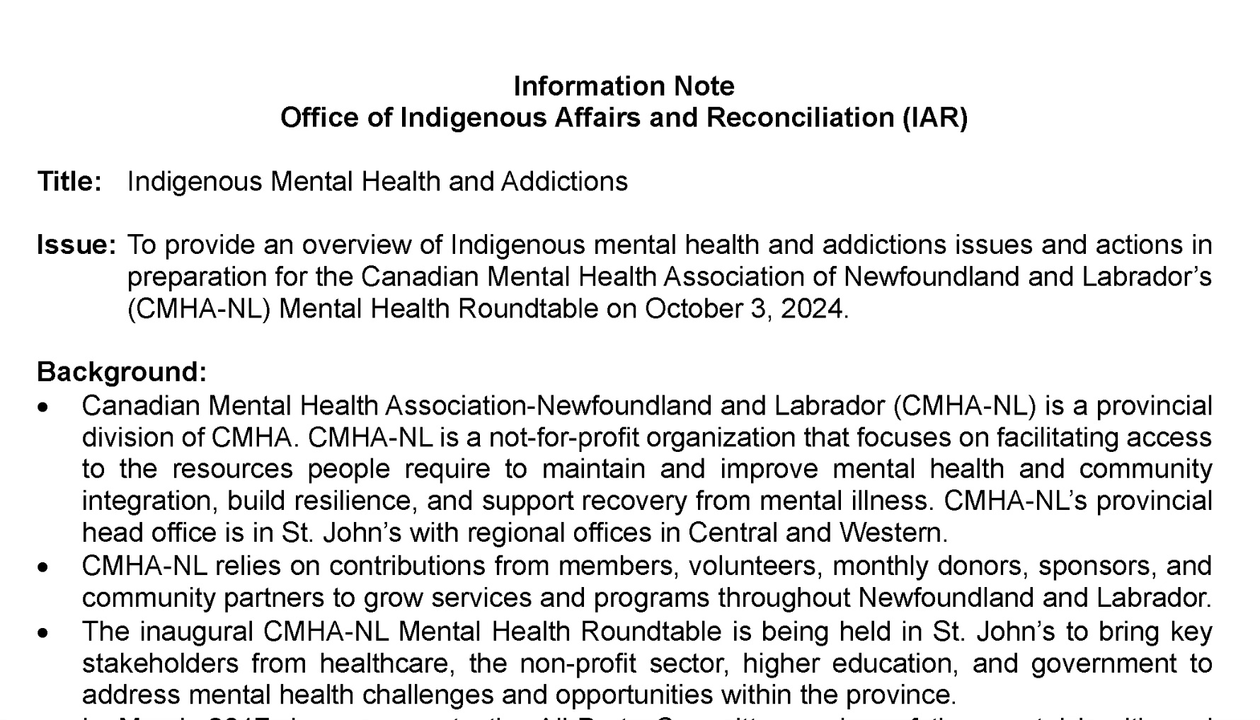 NL Office of Indigenous Affairs briefing materials for October 2024