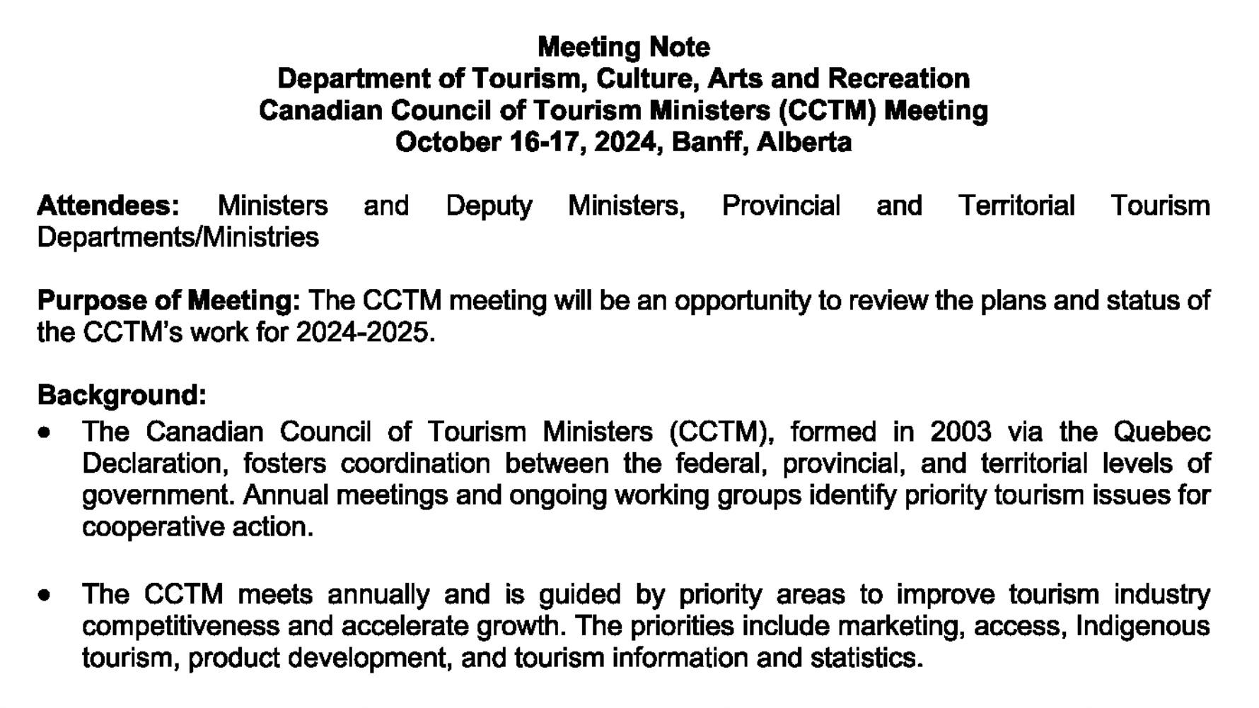 NL Department of Tourism briefing materials for October 2024