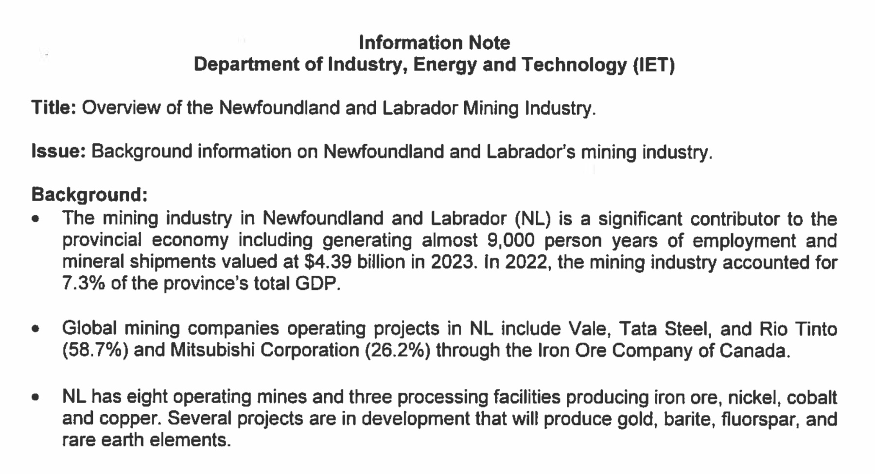 NL Department of Industry briefing materials for September 2024