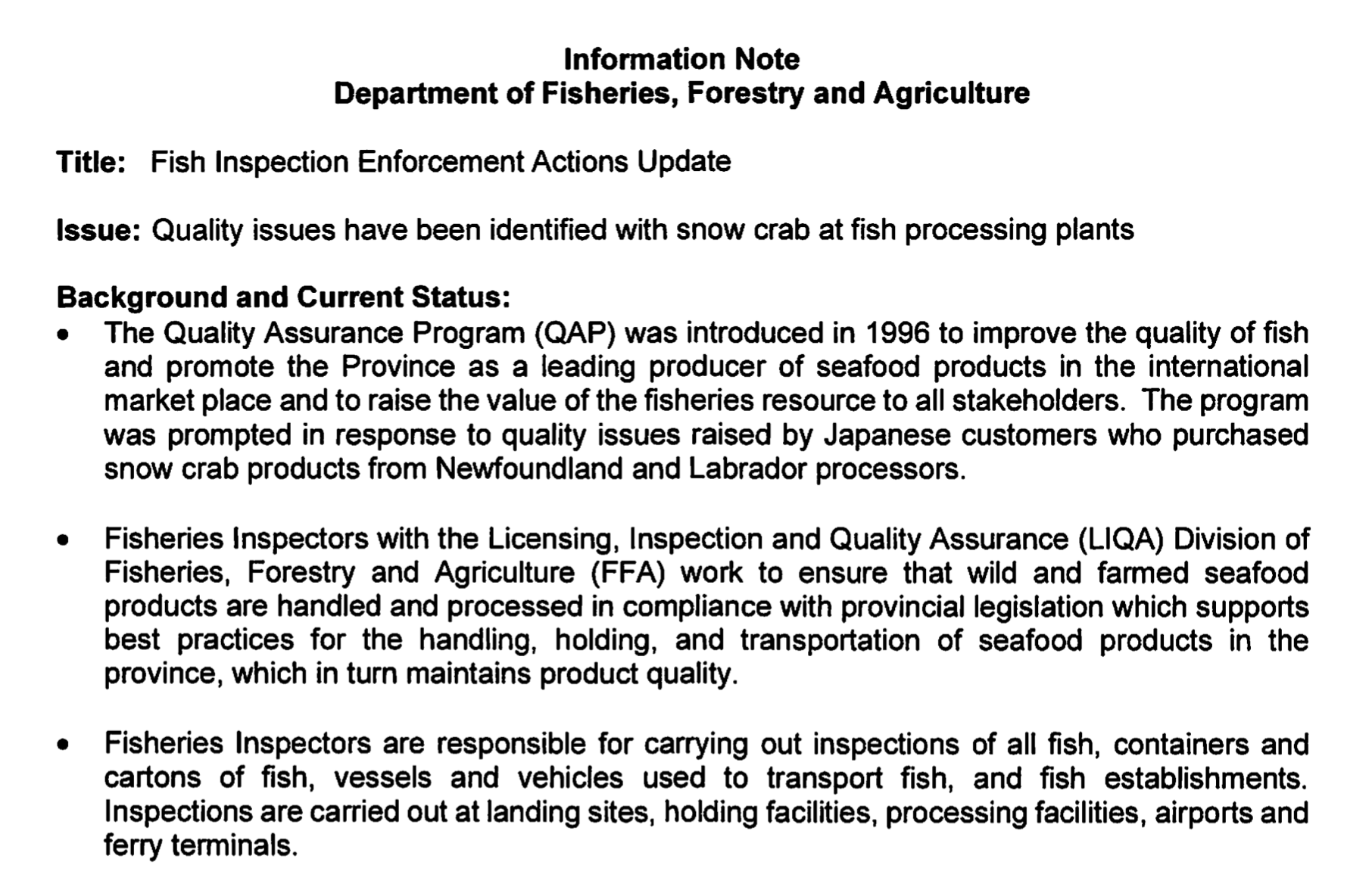 NL Department of Fisheries briefing materials for September 2024