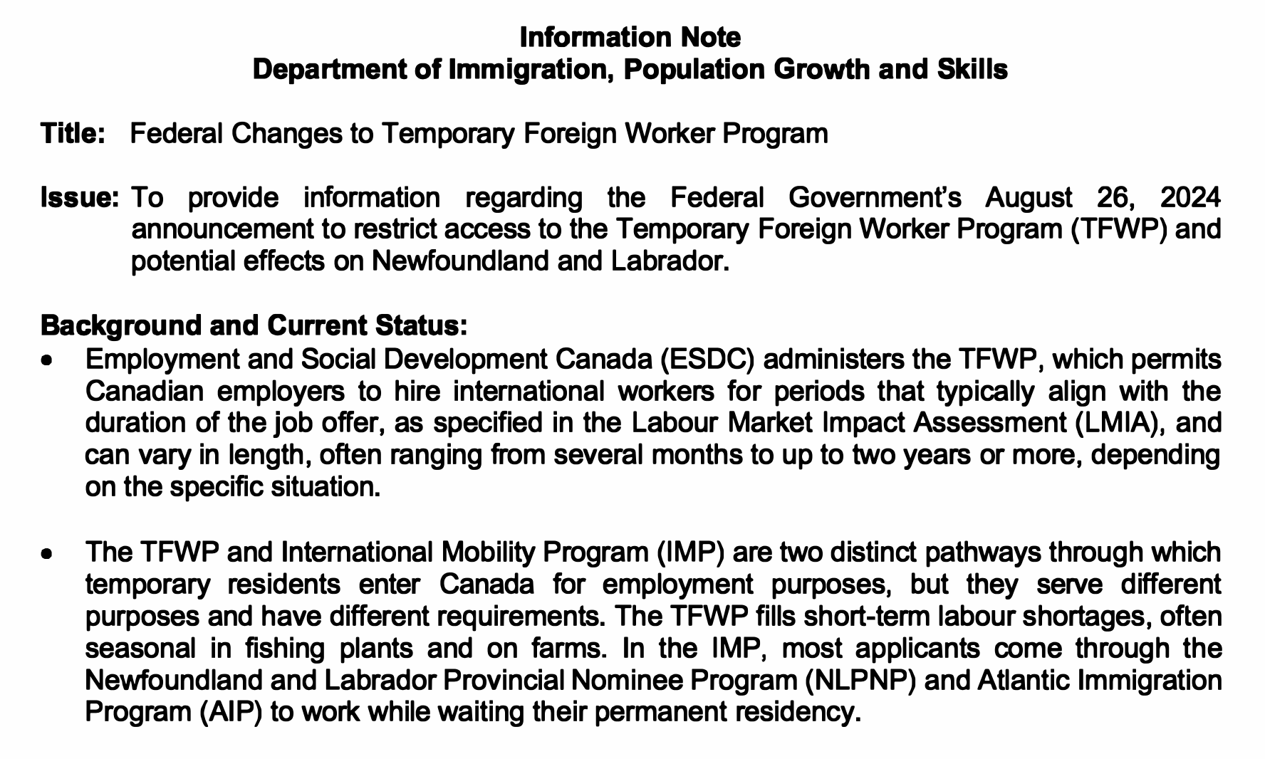 NL Department of Immigration briefing materials for October 2024 