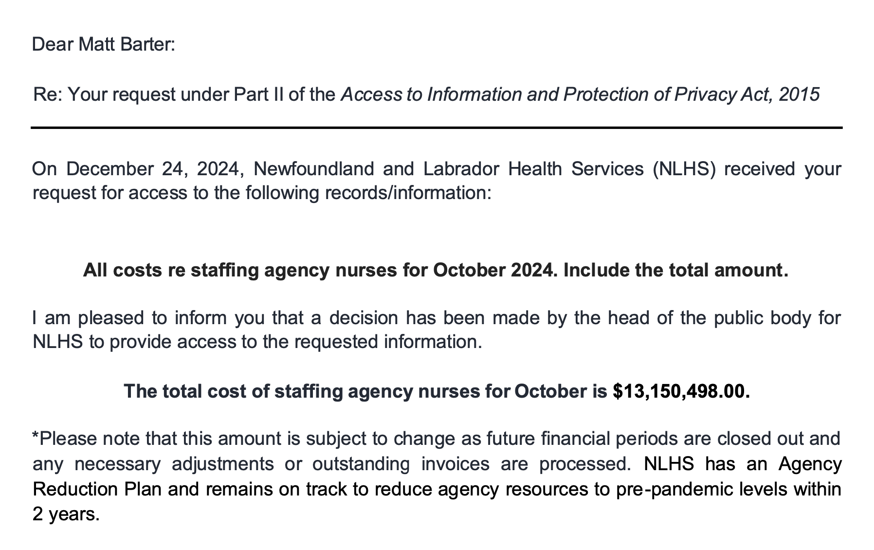 NL Health Services spent over $13 million on agency nurses in October 2024