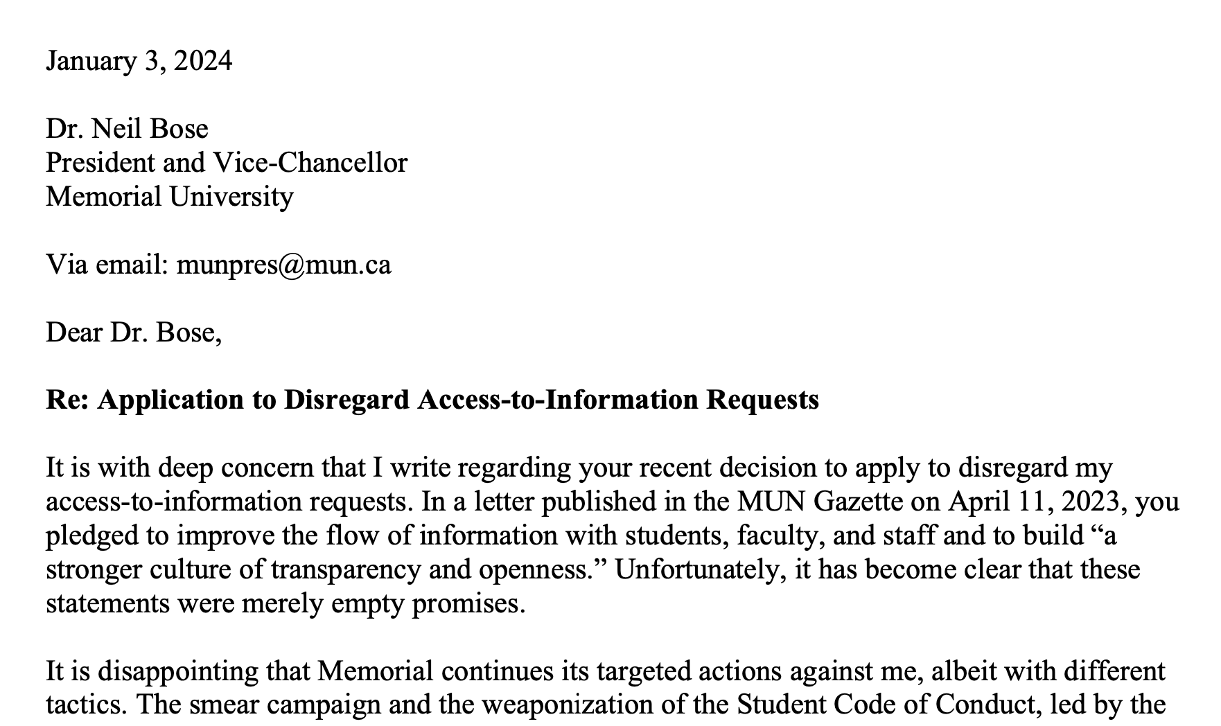 Cease and Desist Letter to MUN President Neil Bose 