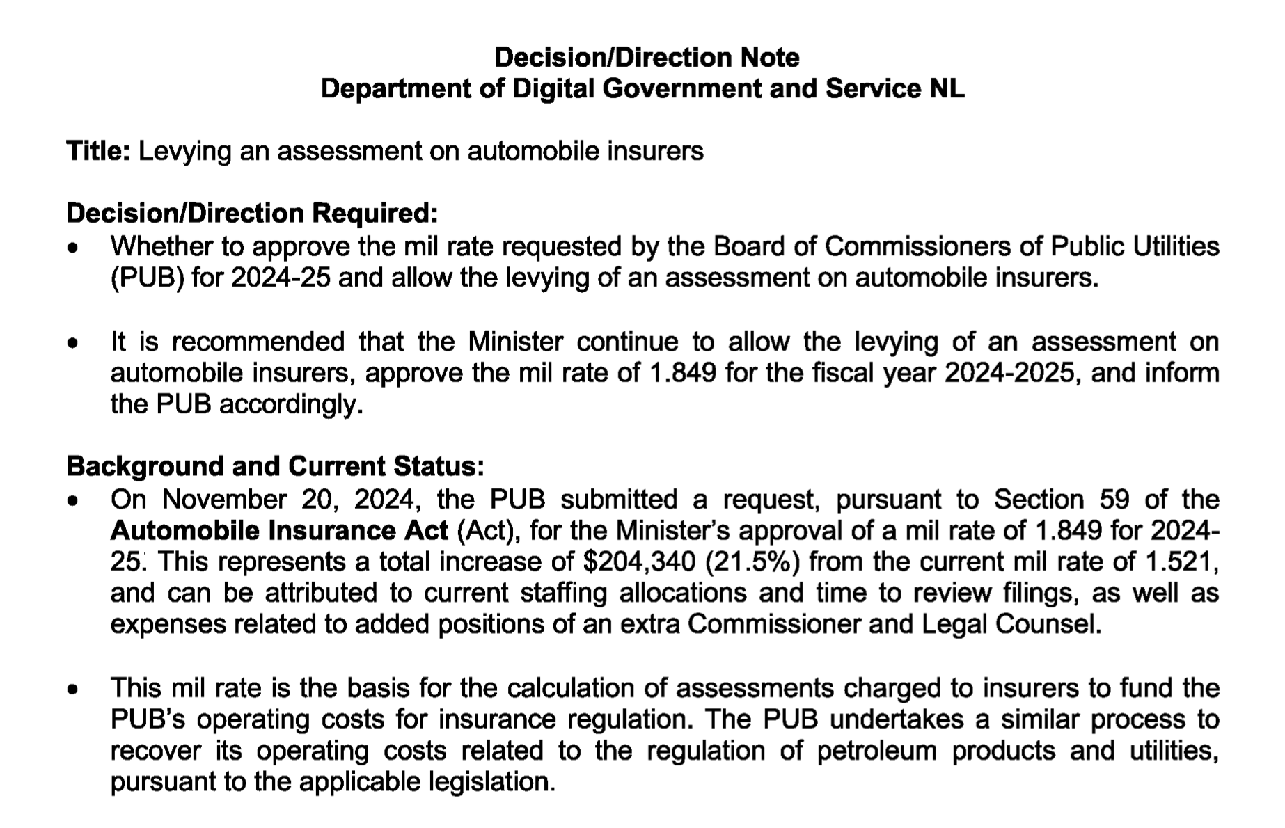 Levying an assessment on automobile insurers decision note