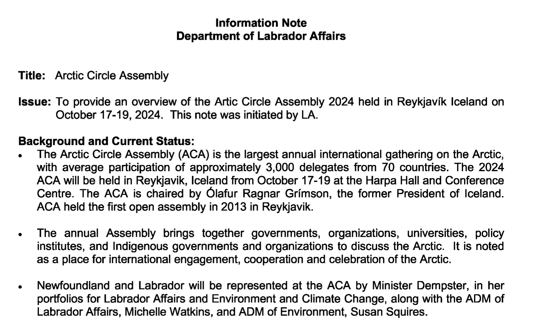 NL Department of Labrador Affairs briefing materials for October 2024