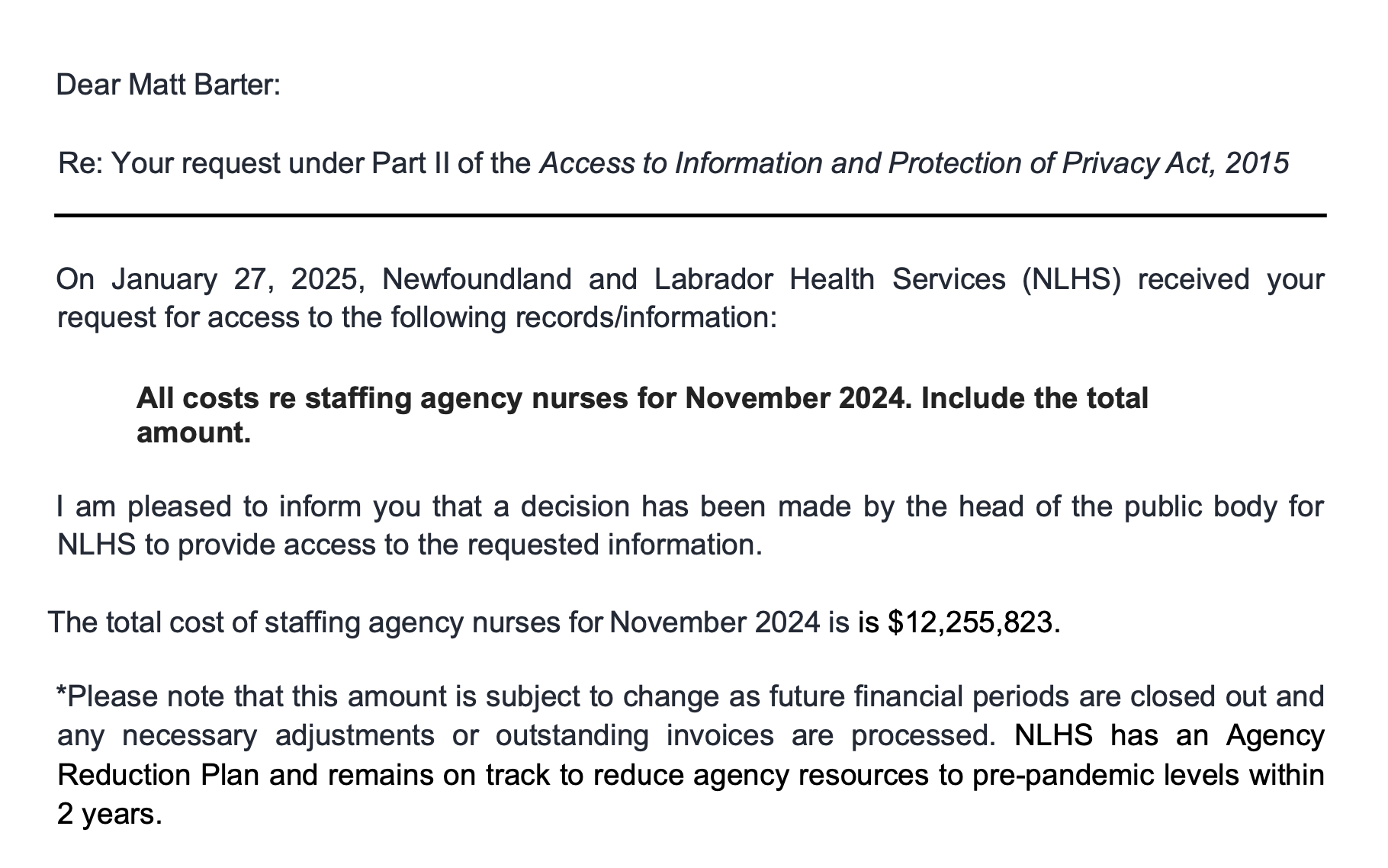 NL Health Services spent over $12 million on agency nurses in November 2024 