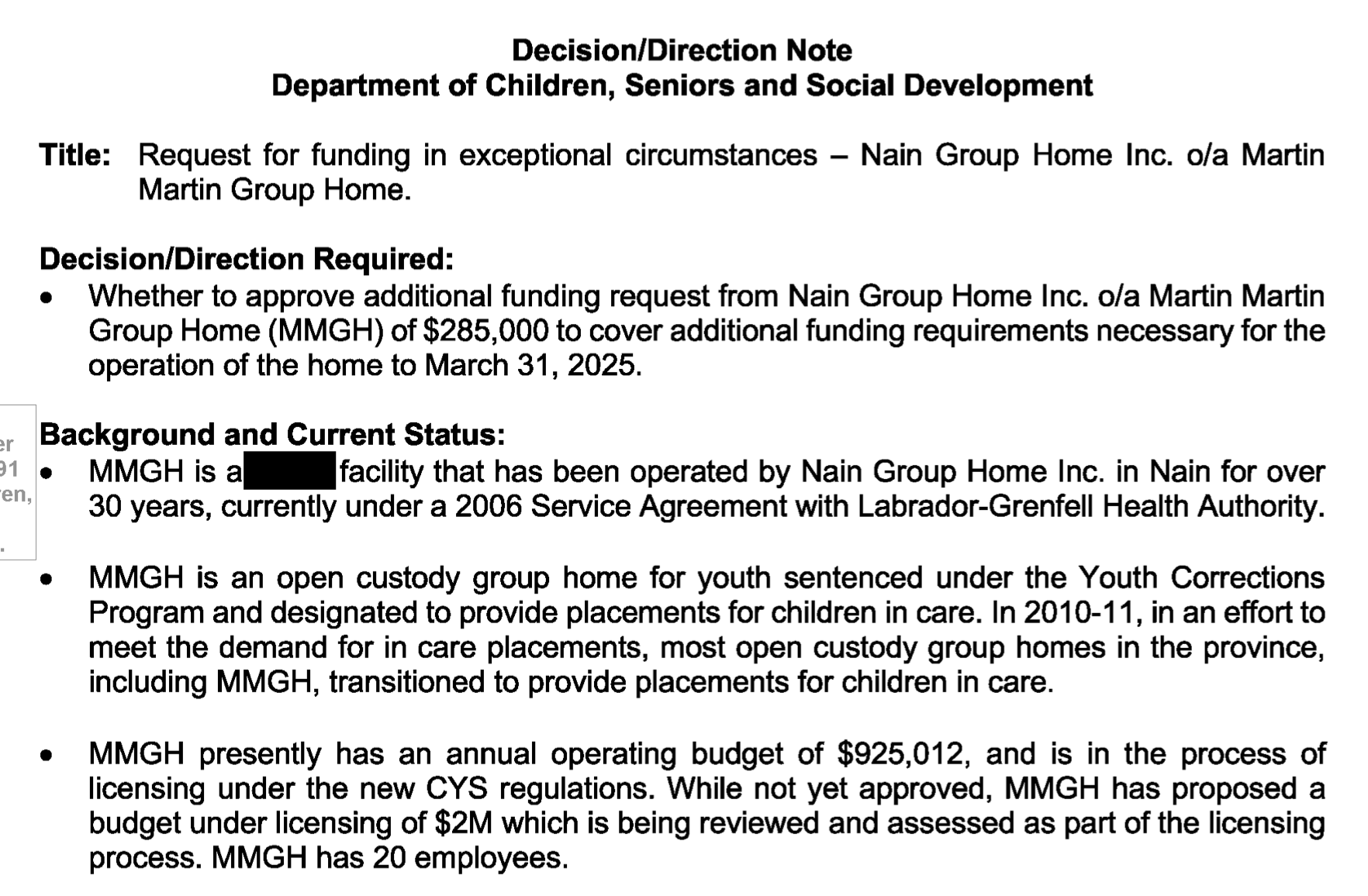 NL Department of Children, Seniors and Social Development briefing materials for January 2025
