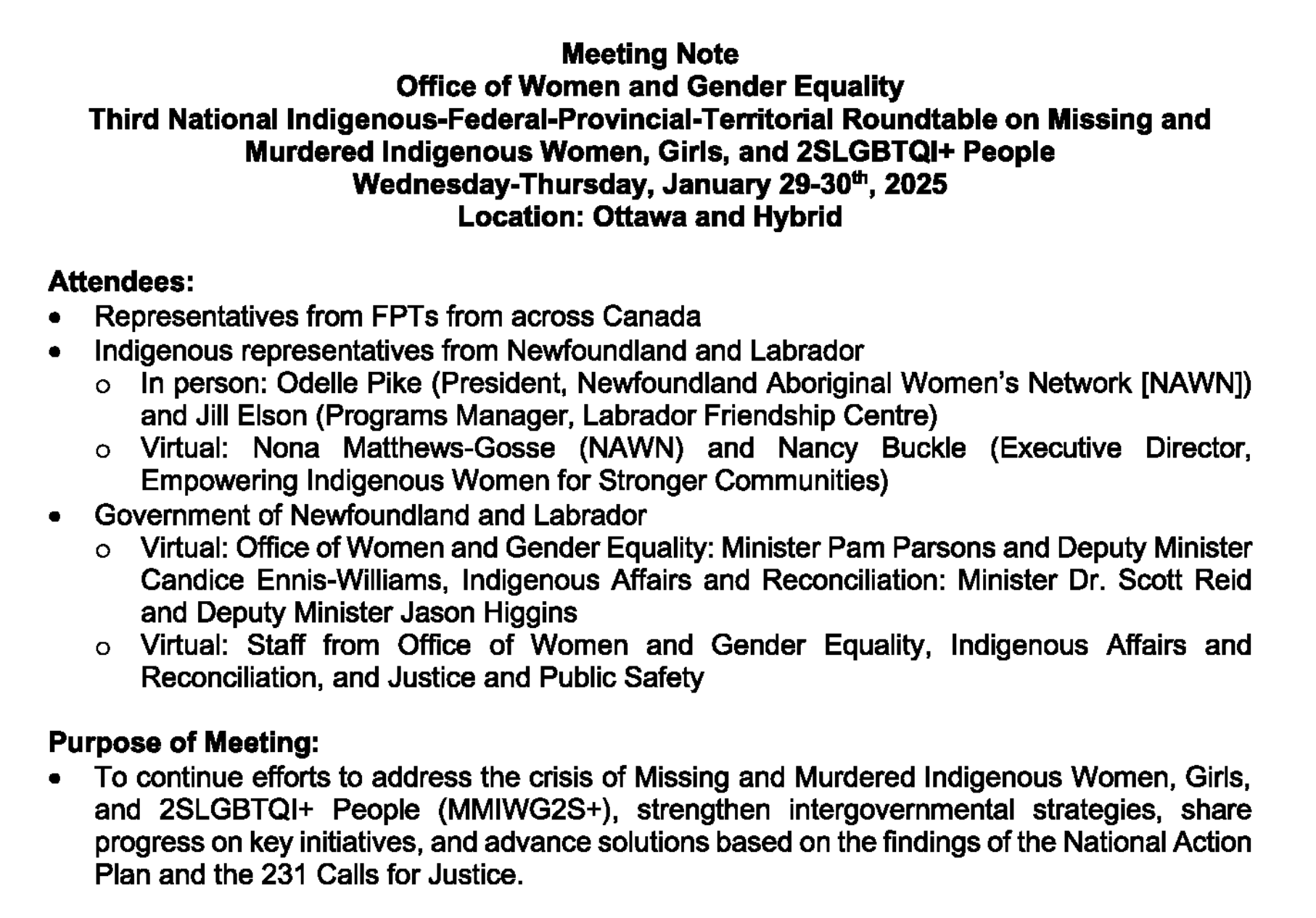 NL Office of Women and Gender Equality briefing materials for January 2025