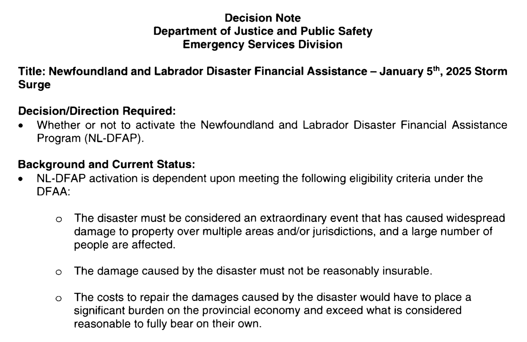NL Department of Justice information note: Newfoundland and Labrador Disaster Financial Assistance January 5th, 2025 Storm Surge