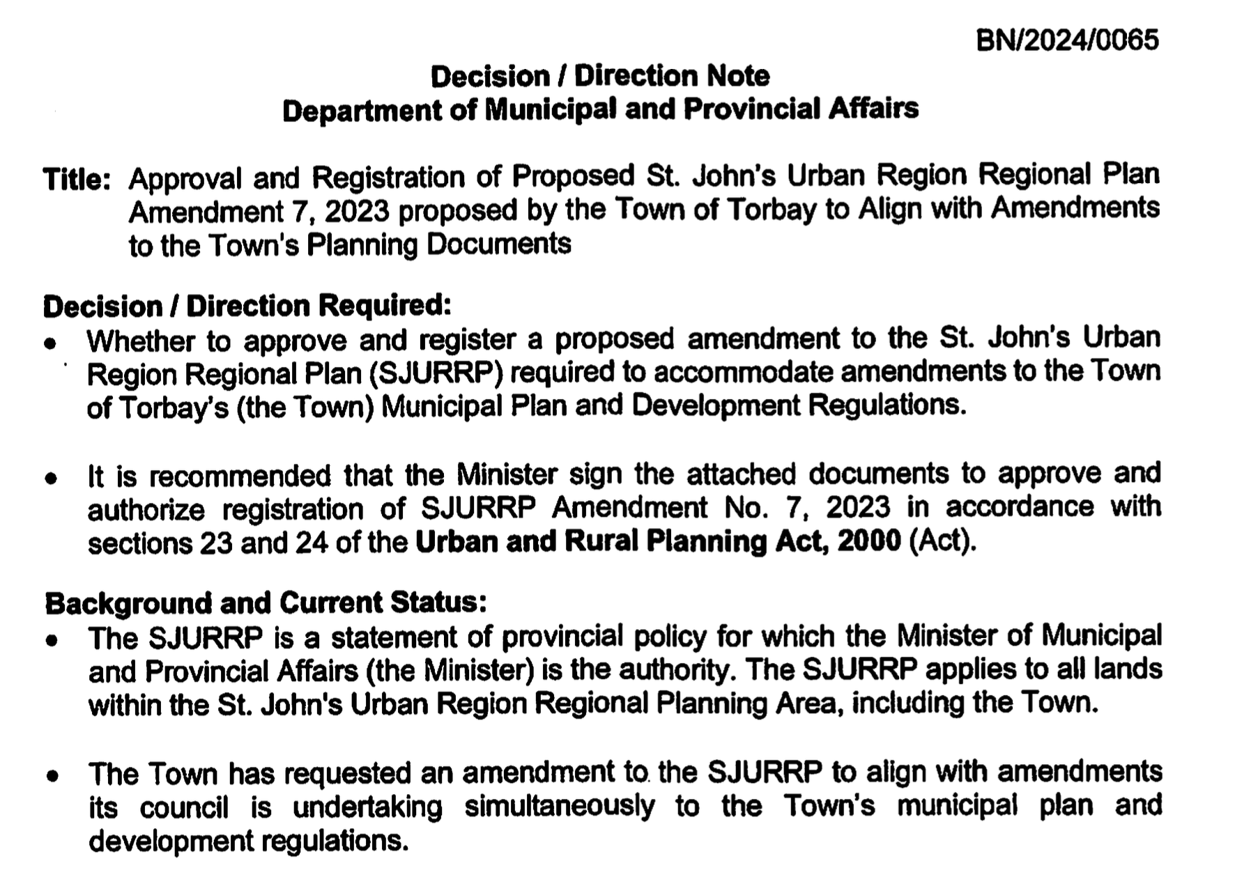 NL Department of Municipal and Provincial Affairs briefing materials for January 2025