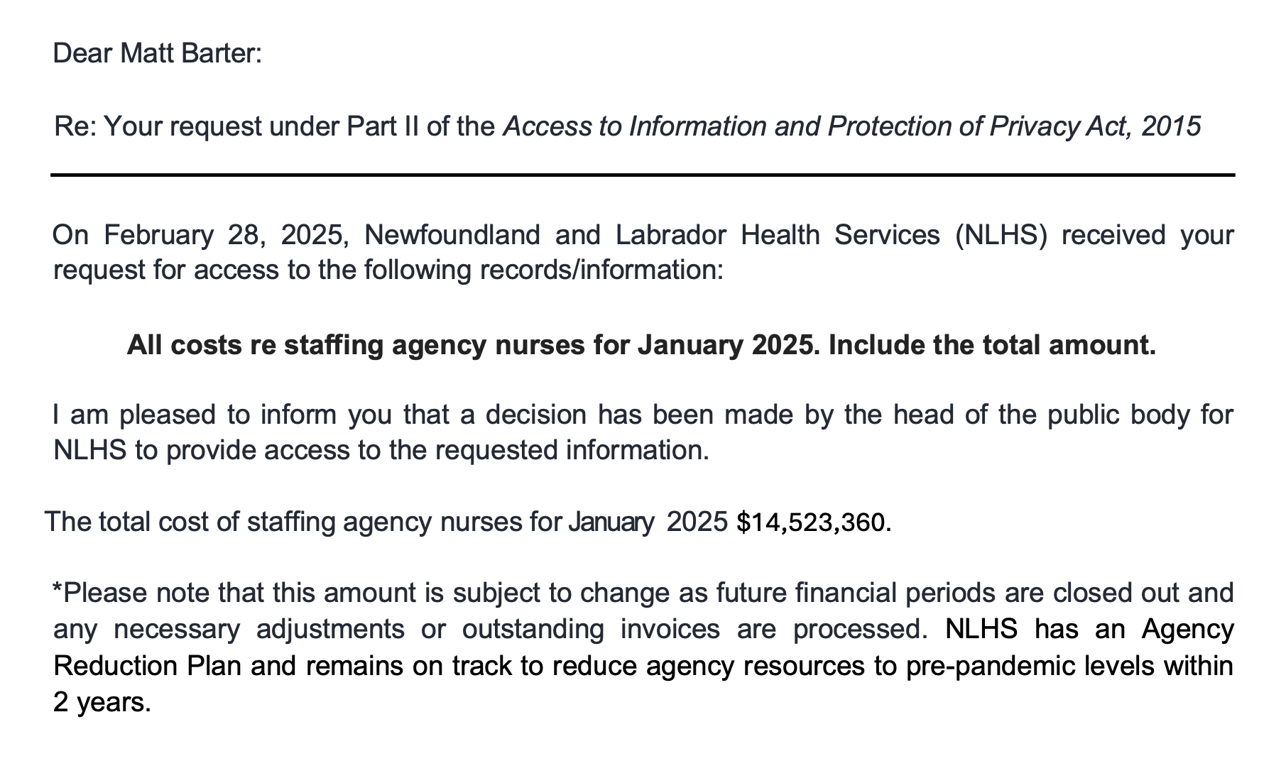 NL Health Services spent over $14 million on agency nurses in January 2025 