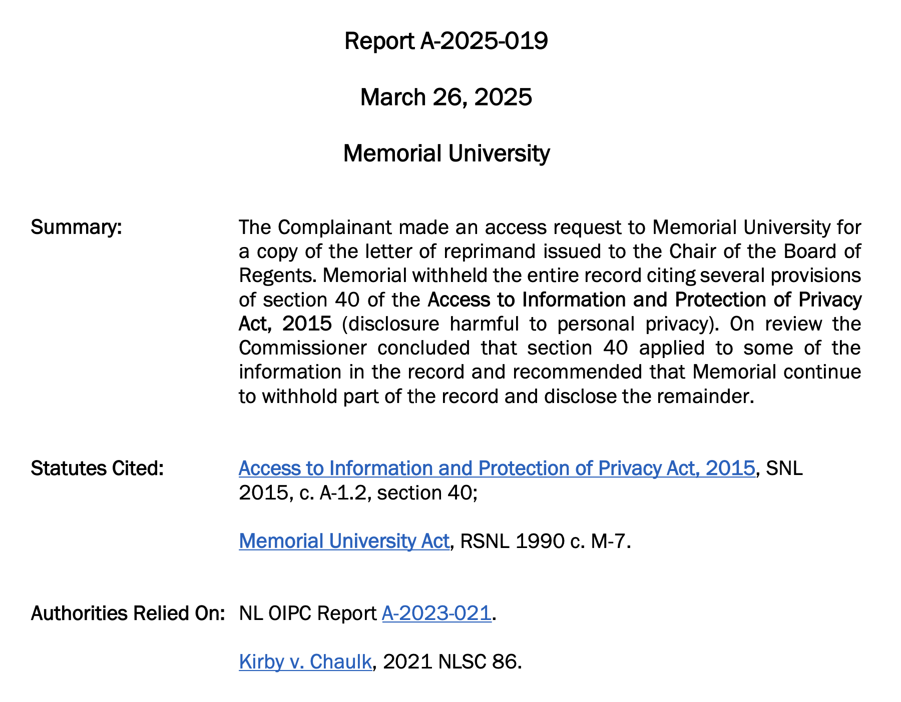 Commissioner Recommends MUN Release Board of Regents Chair Reprimand Letter