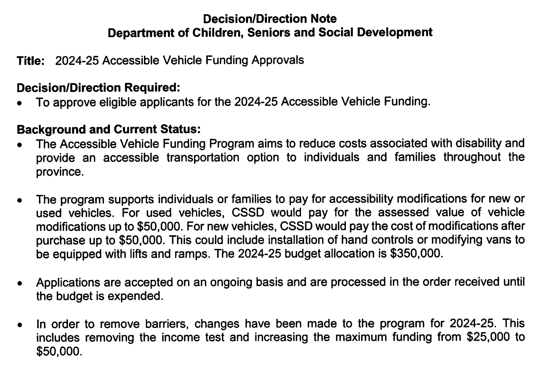 NL Department of Children, Seniors and Social Development briefing materials for February 2025