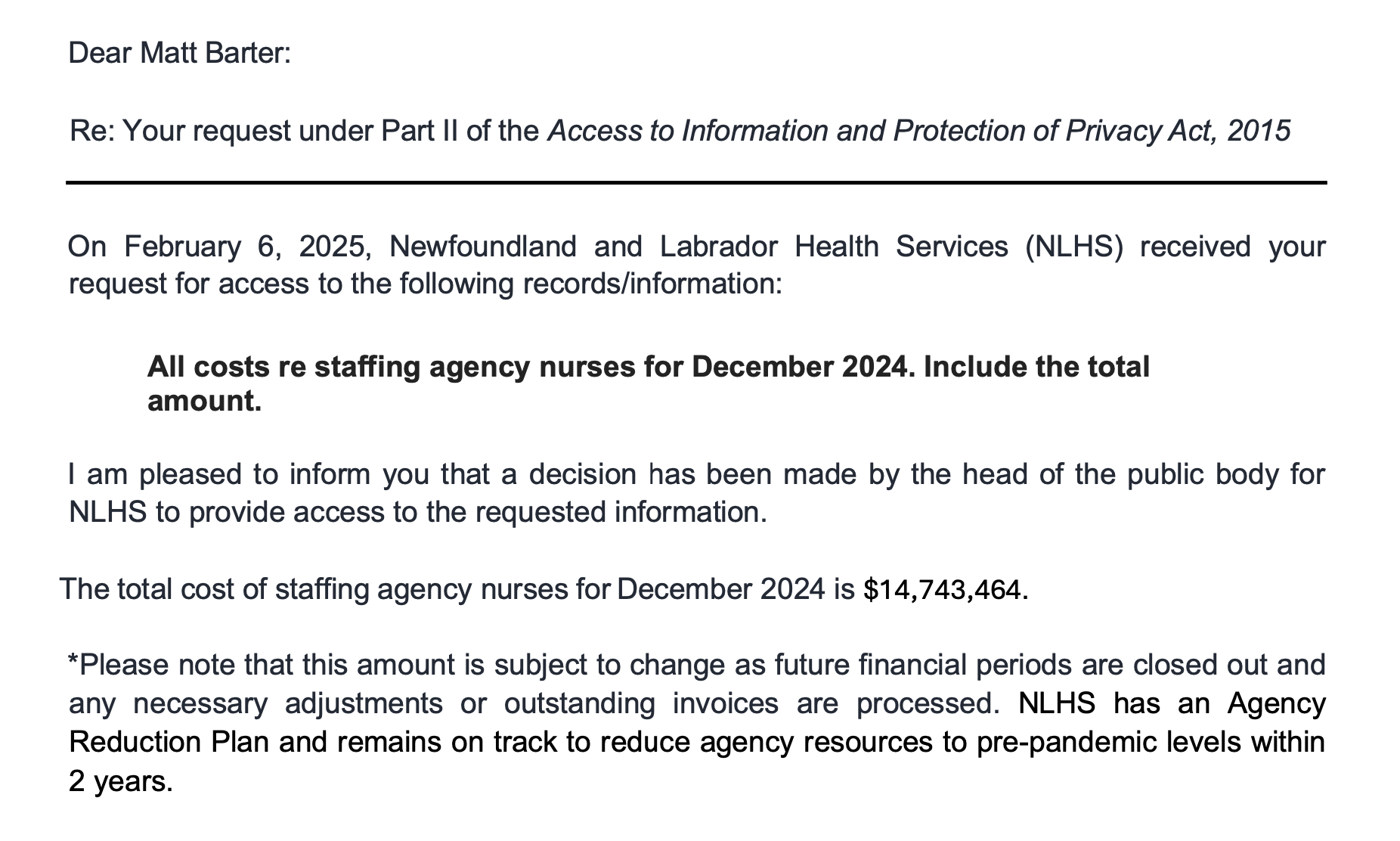 NL Health Services spent over $14 million on agency nurses in December 2024 