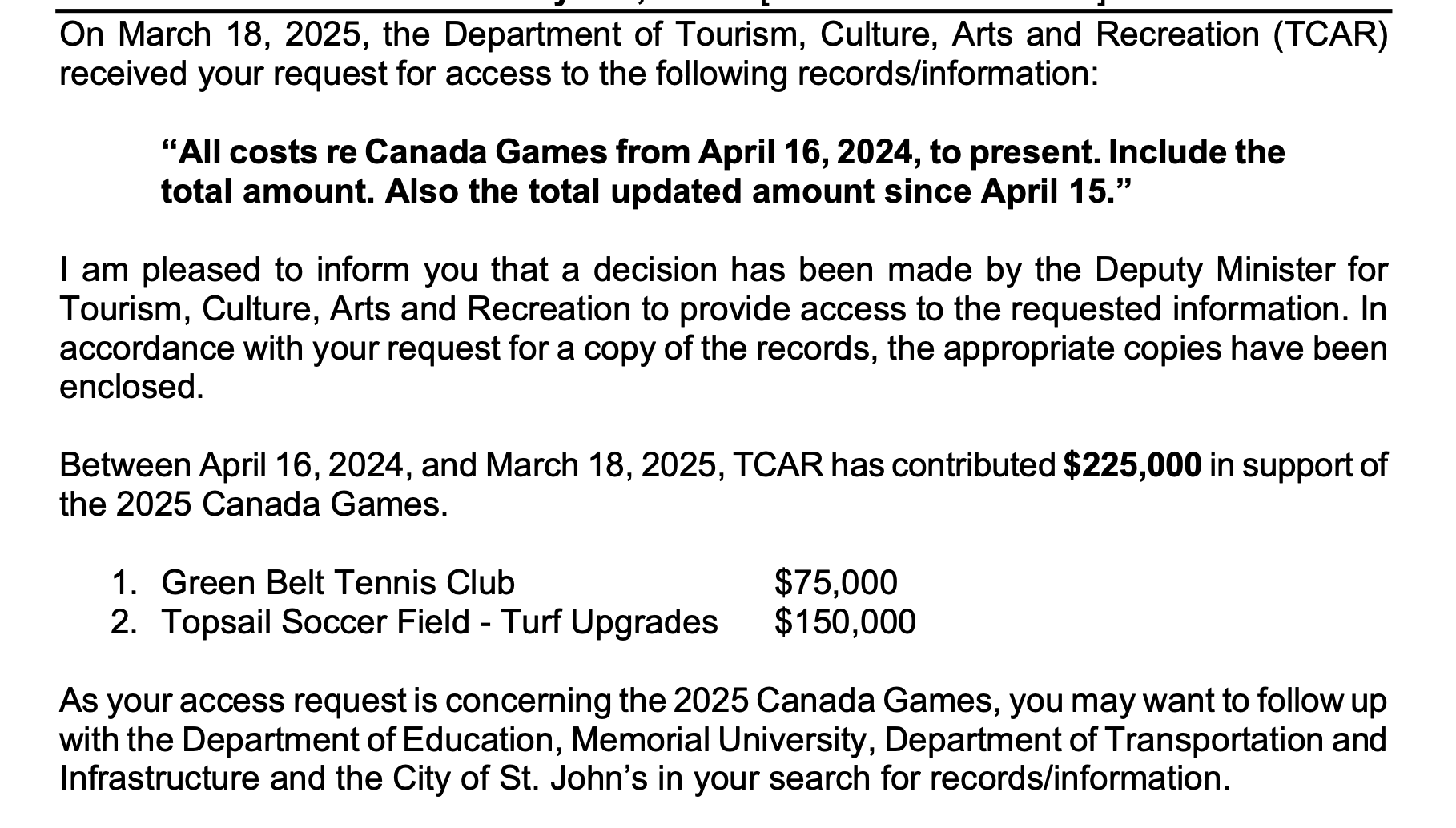 GOV NL Department of Tourism 2025 Canada Games expenses increase to over $10 million 