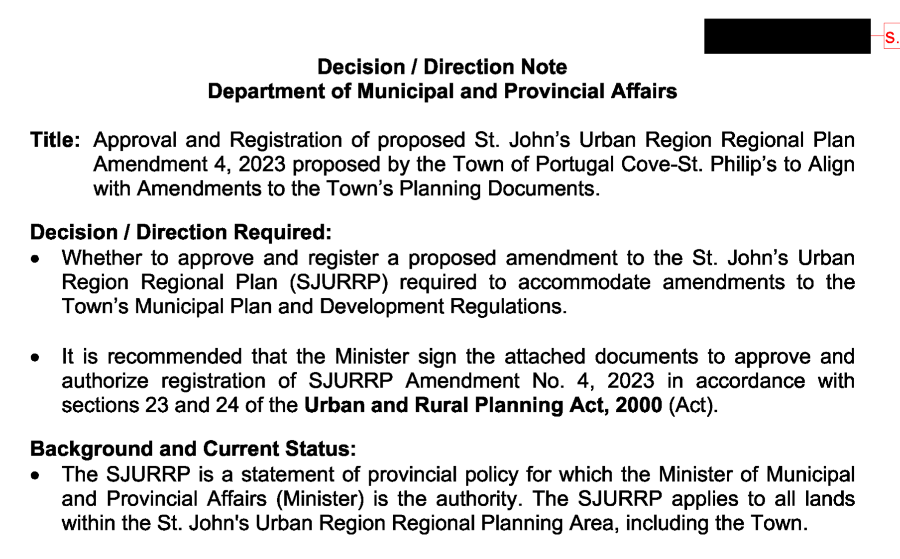 NL Department of Municipal and Provincial Affairs briefing materials for December 2024