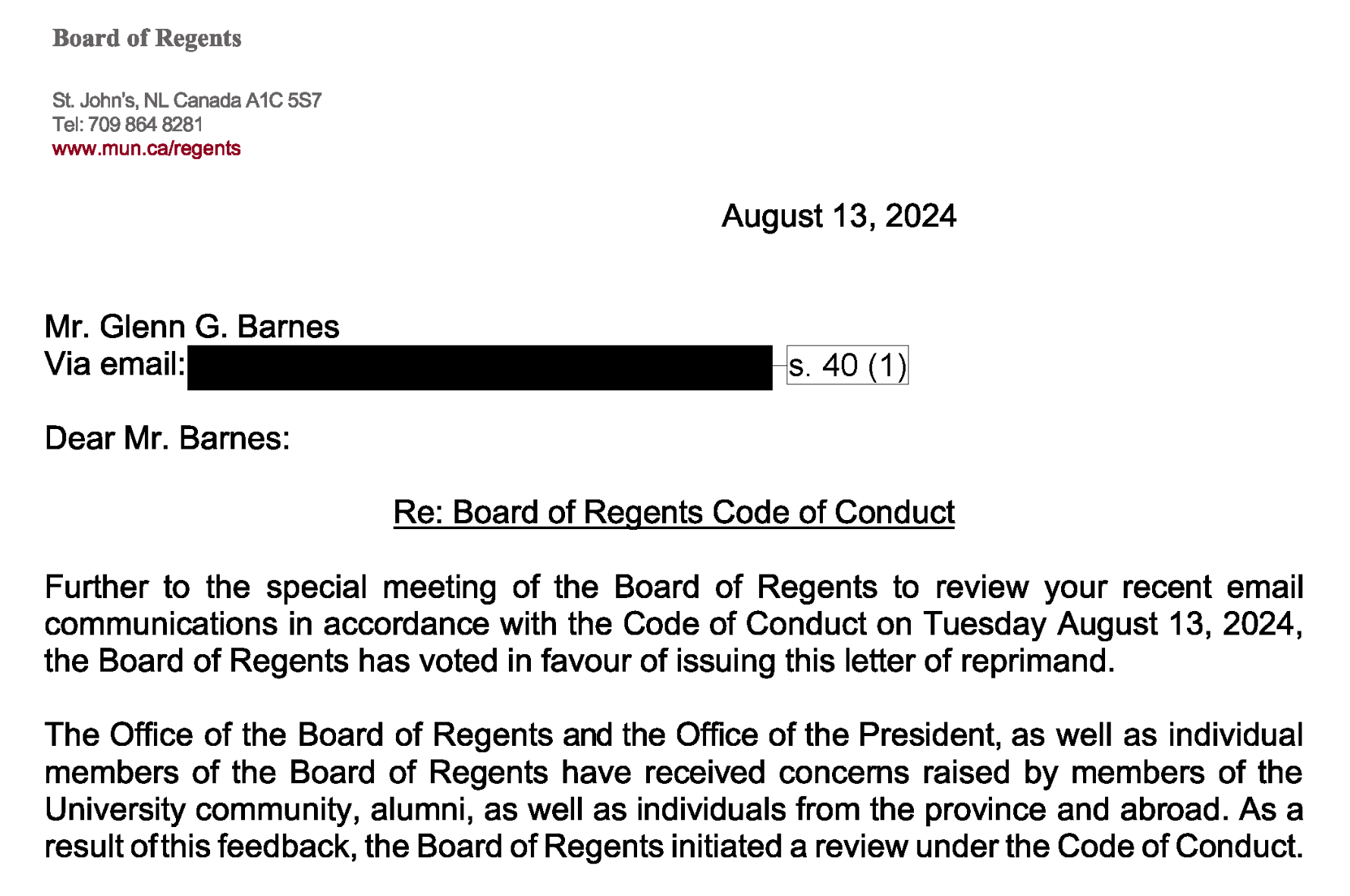 Reprimand Letter Issued to MUN Board of Regents Chair Glenn Barnes