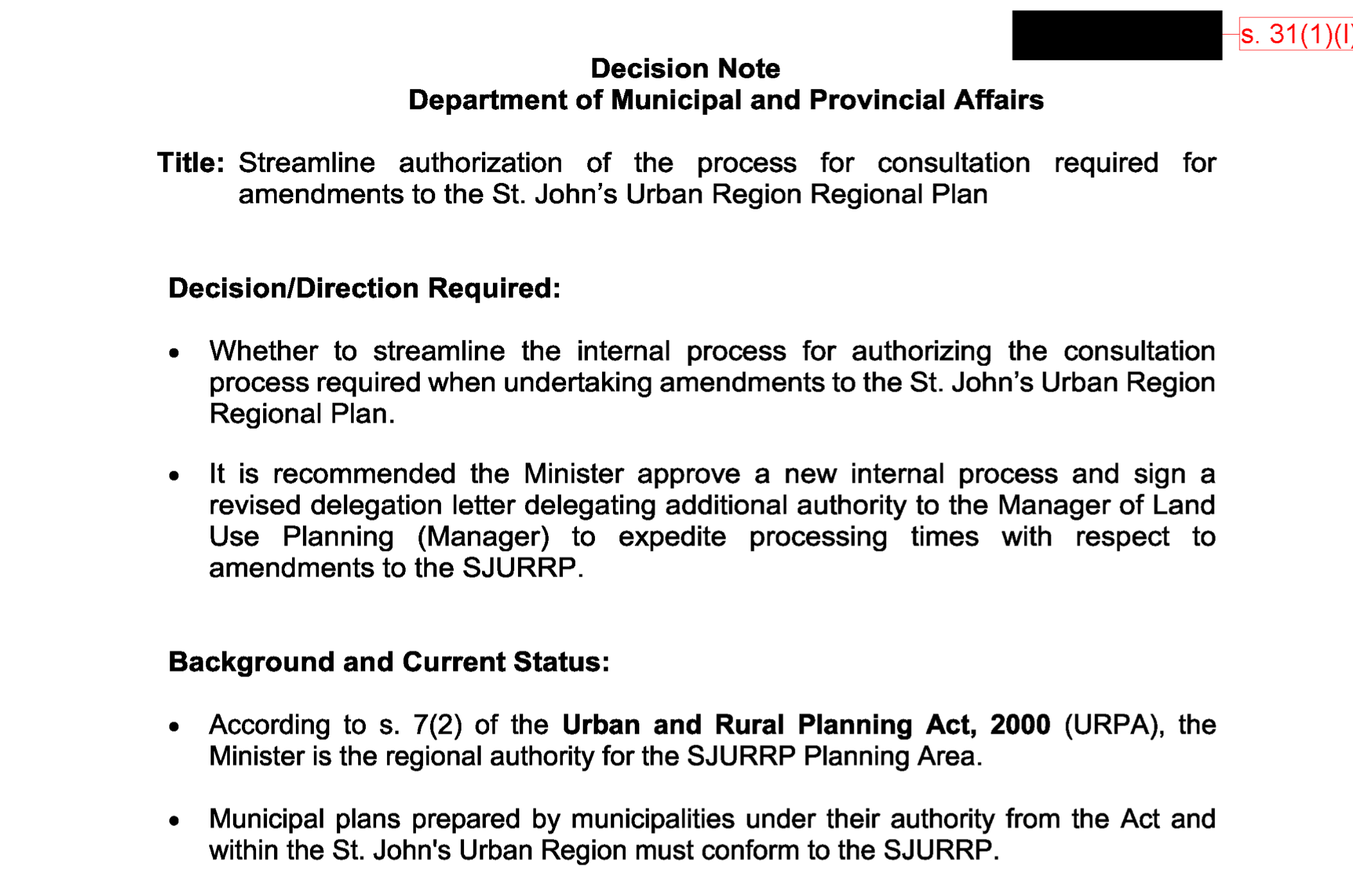 NL Department of Municipal and Provincial Affairs briefing materials for November 2024