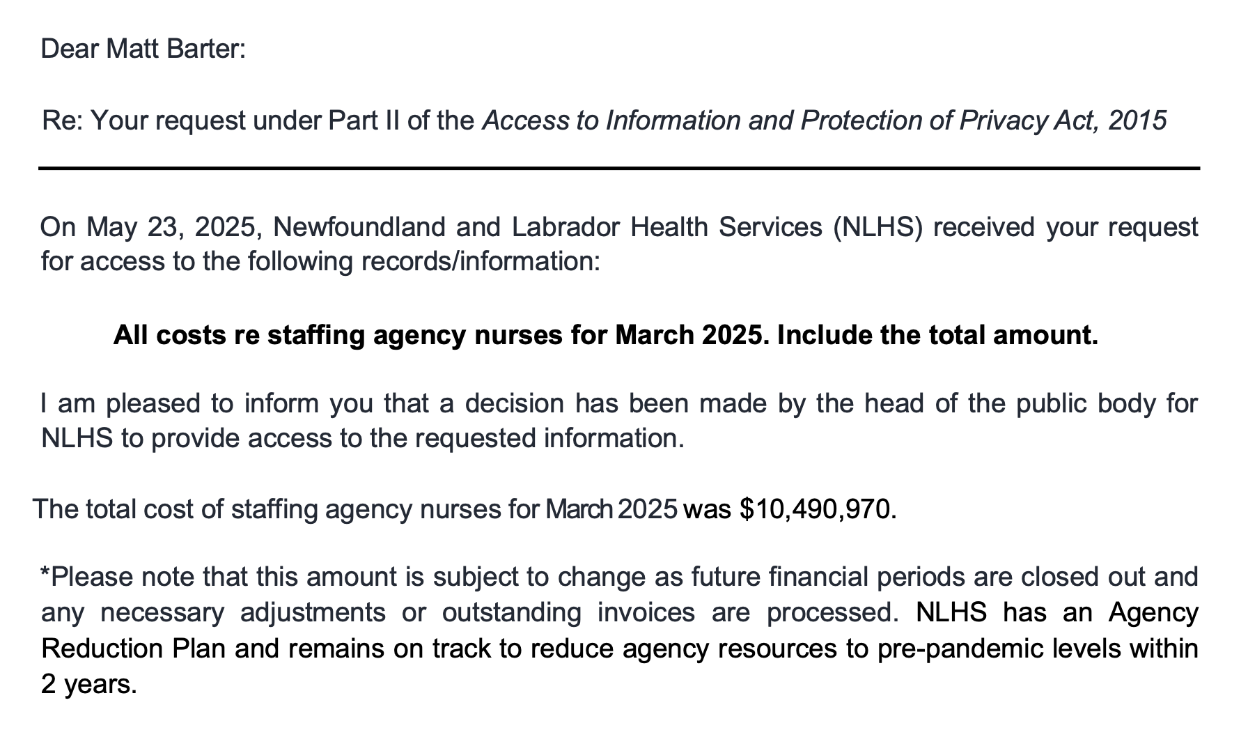 NL Health Services spent over $10 million on agency nurses in March 2025