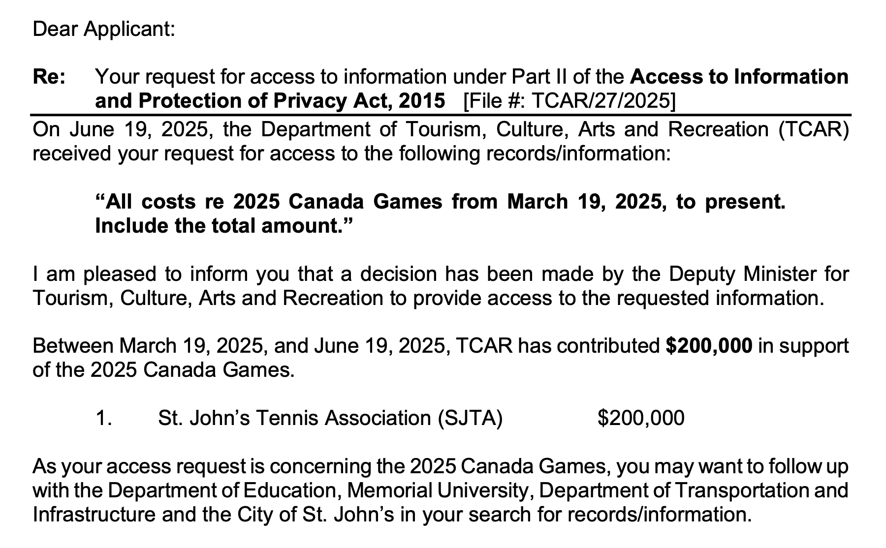GOV NL Department of Tourism 2025 Canada Games expenses increase to over $10.2 million 