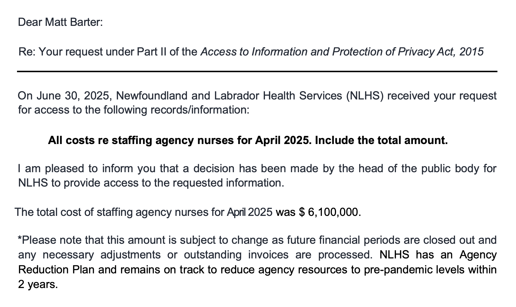 NL Health Services spent over $6.1 million on agency nurses in April 2025