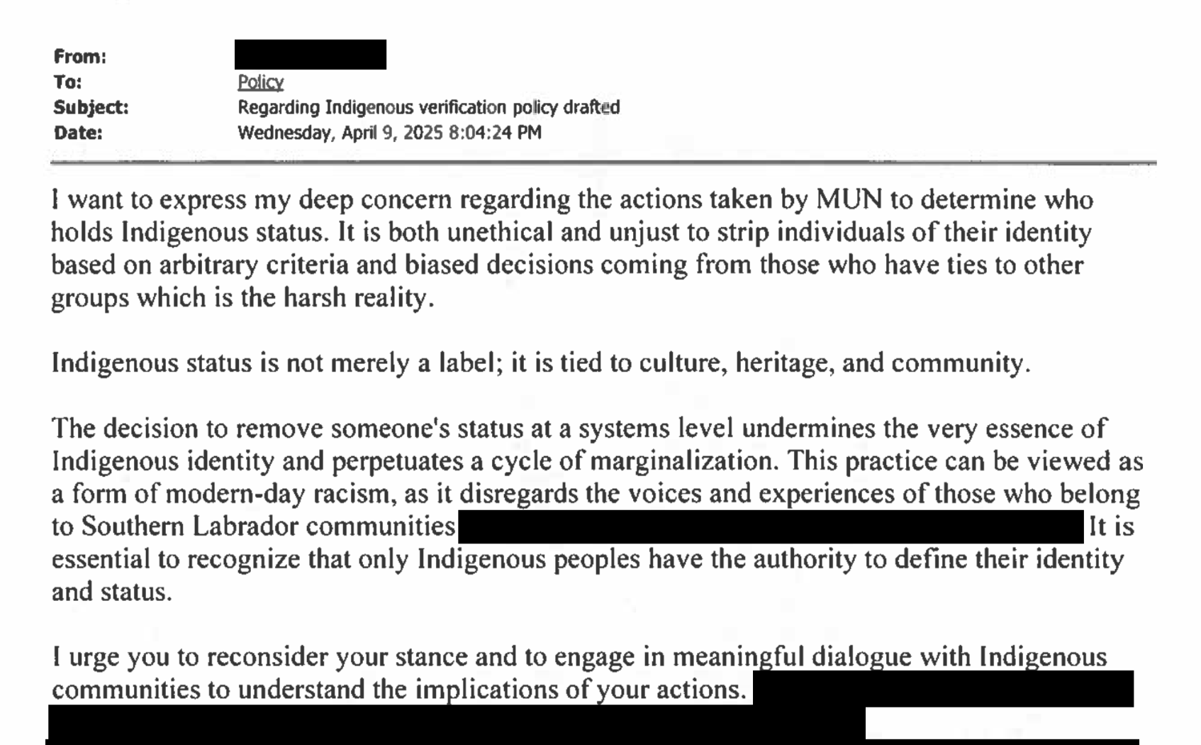 MUN Indigenous Verification Policy Feedback